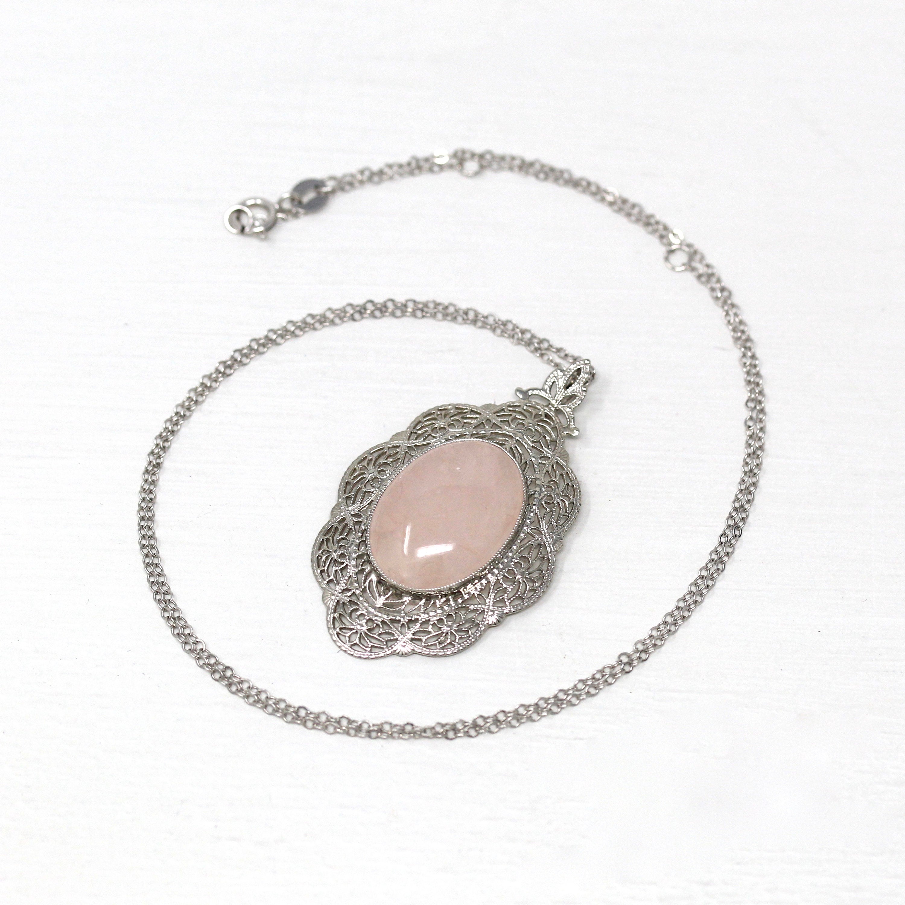 Rose Quartz Pendant - Art Deco 10k White Gold Oval Cabochon Cut 6.70 CT Pink Gemstone - Vintage Circa 1930s Era Flower Filigree Fine Jewelry