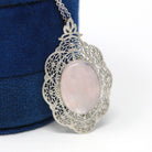 Rose Quartz Pendant - Art Deco 10k White Gold Oval Cabochon Cut 6.70 CT Pink Gemstone - Vintage Circa 1930s Era Flower Filigree Fine Jewelry