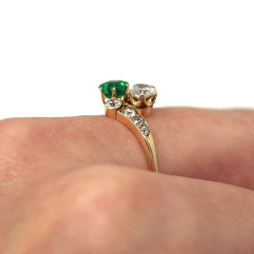 Vintage Engagement Ring - Edwardian Era 18k Yellow Gold - .84 CTW Diamonds & .57 CT Emerald - Toi Et Moi 1910s Size 7 1/4 Jewelry W/ Report