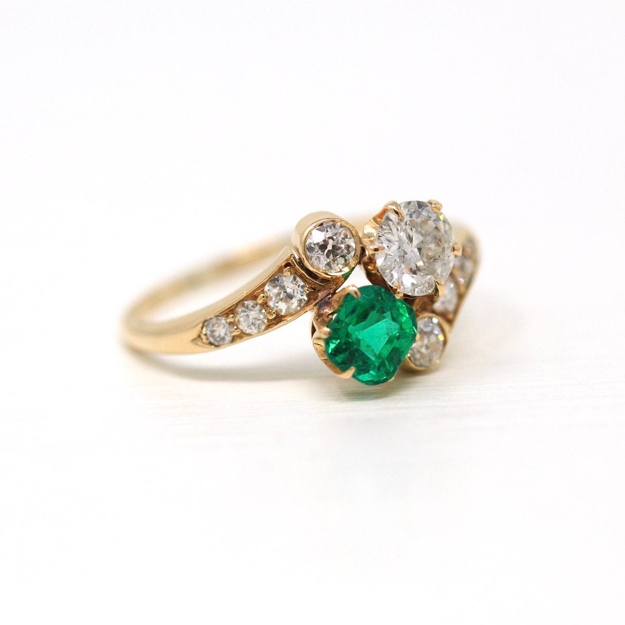 Vintage Engagement Ring - Edwardian Era 18k Yellow Gold - .84 CTW Diamonds & .57 CT Emerald - Toi Et Moi 1910s Size 7 1/4 Jewelry W/ Report