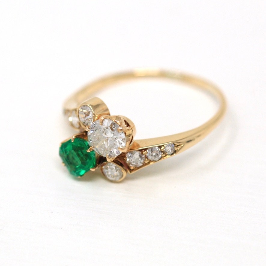 Vintage Engagement Ring - Edwardian Era 18k Yellow Gold - .84 CTW Diamonds & .57 CT Emerald - Toi Et Moi 1910s Size 7 1/4 Jewelry W/ Report