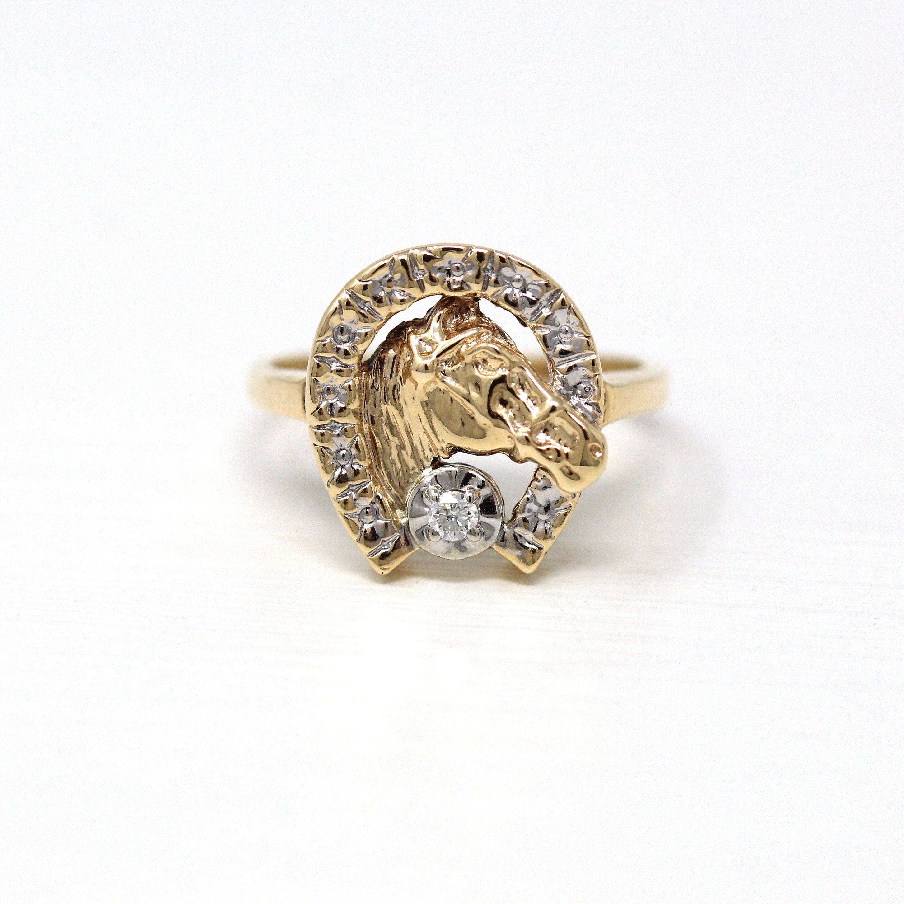 Diamond Horseshoe Ring - Modern 10k Yellow & White Gold Genuine .04 CT Gem - Estate Circa 2000's Size 7 1/2 Equestrian Horse Fine Jewelry