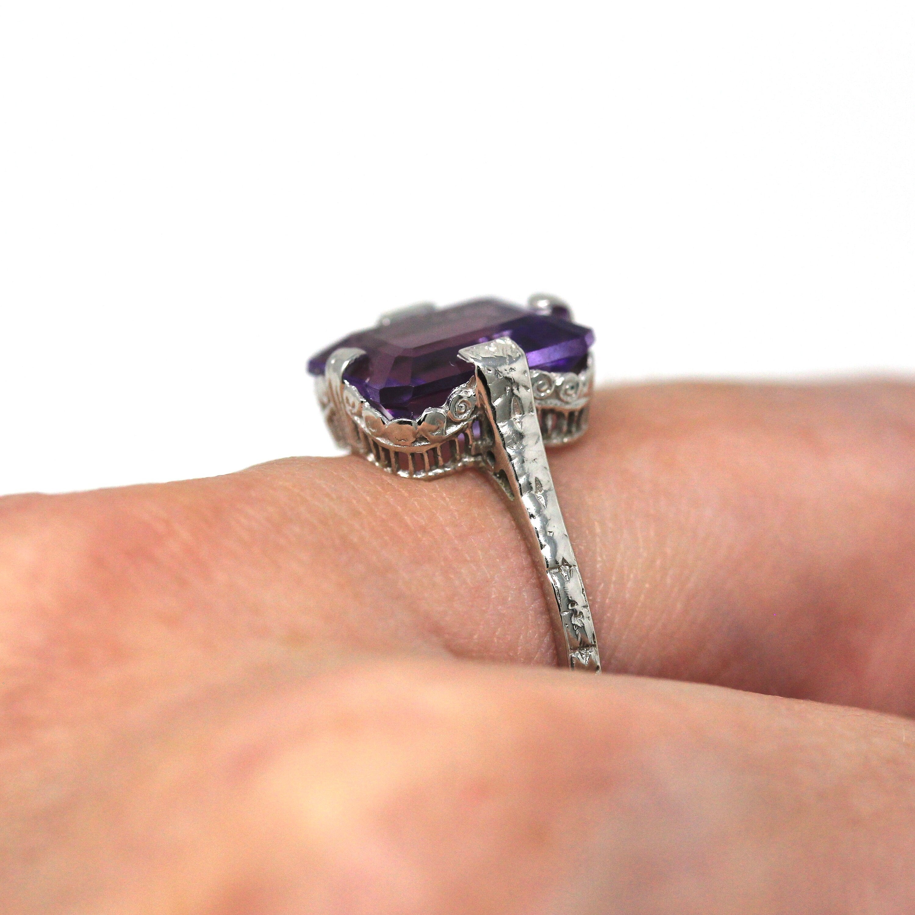 Genuine Amethyst Ring - Art Deco 14k White Gold Purple 3.90 CT Gemstone - Vintage Circa 1930s Era Size 7 February Birthstone Fine Jewelry