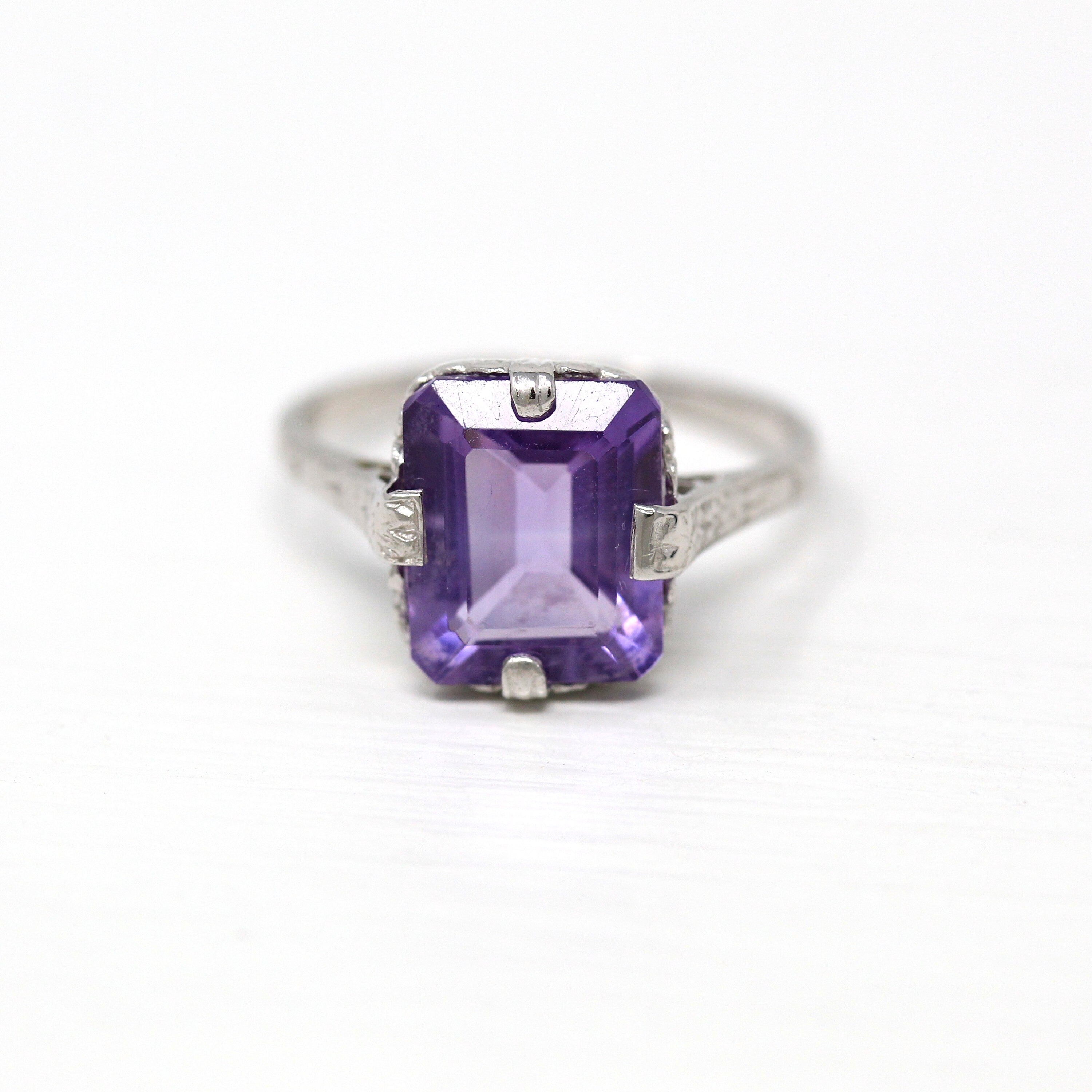 Genuine Amethyst Ring - Art Deco 14k White Gold Purple 3.90 CT Gemstone - Vintage Circa 1930s Era Size 7 February Birthstone Fine Jewelry