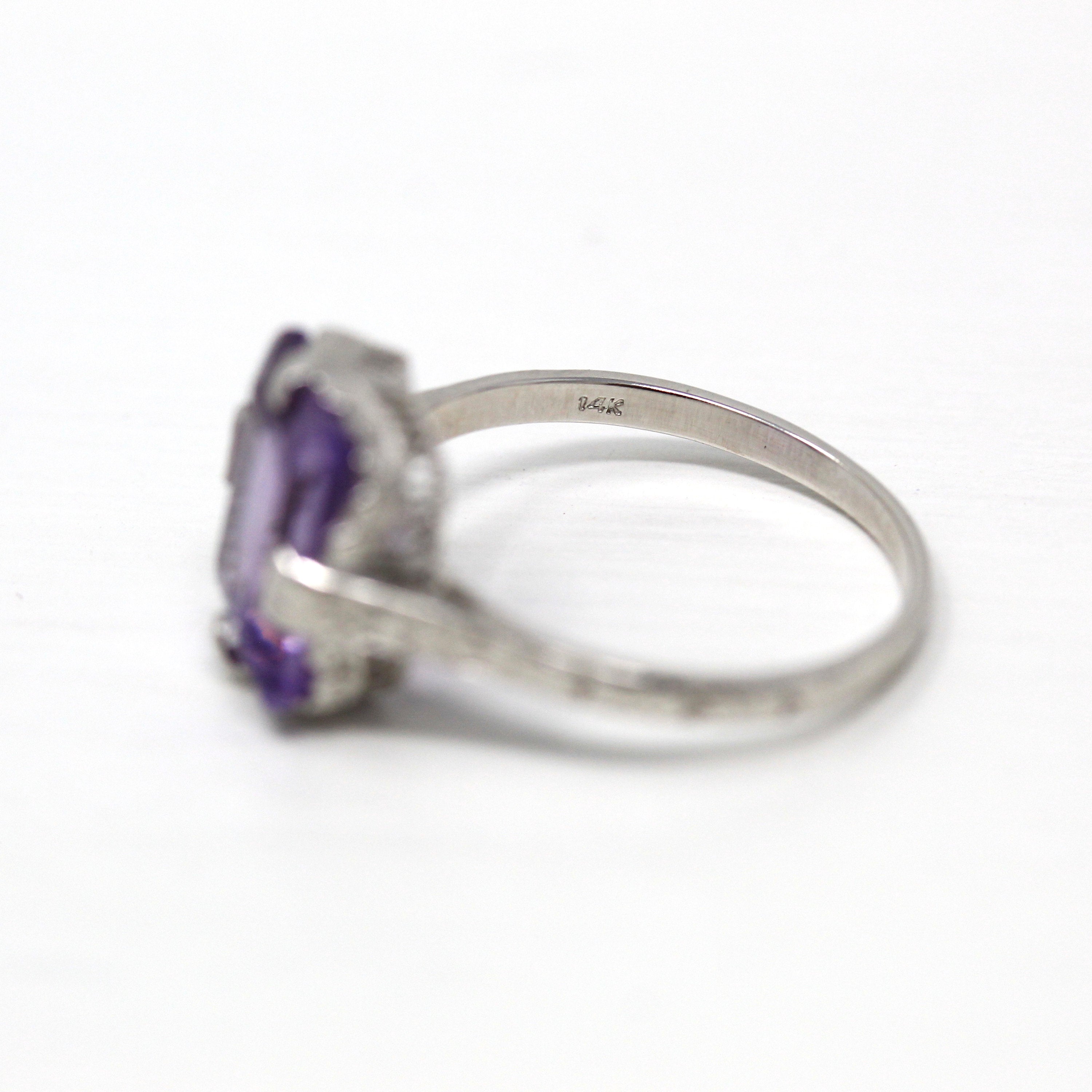 Genuine Amethyst Ring - Art Deco 14k White Gold Purple 3.90 CT Gemstone - Vintage Circa 1930s Era Size 7 February Birthstone Fine Jewelry