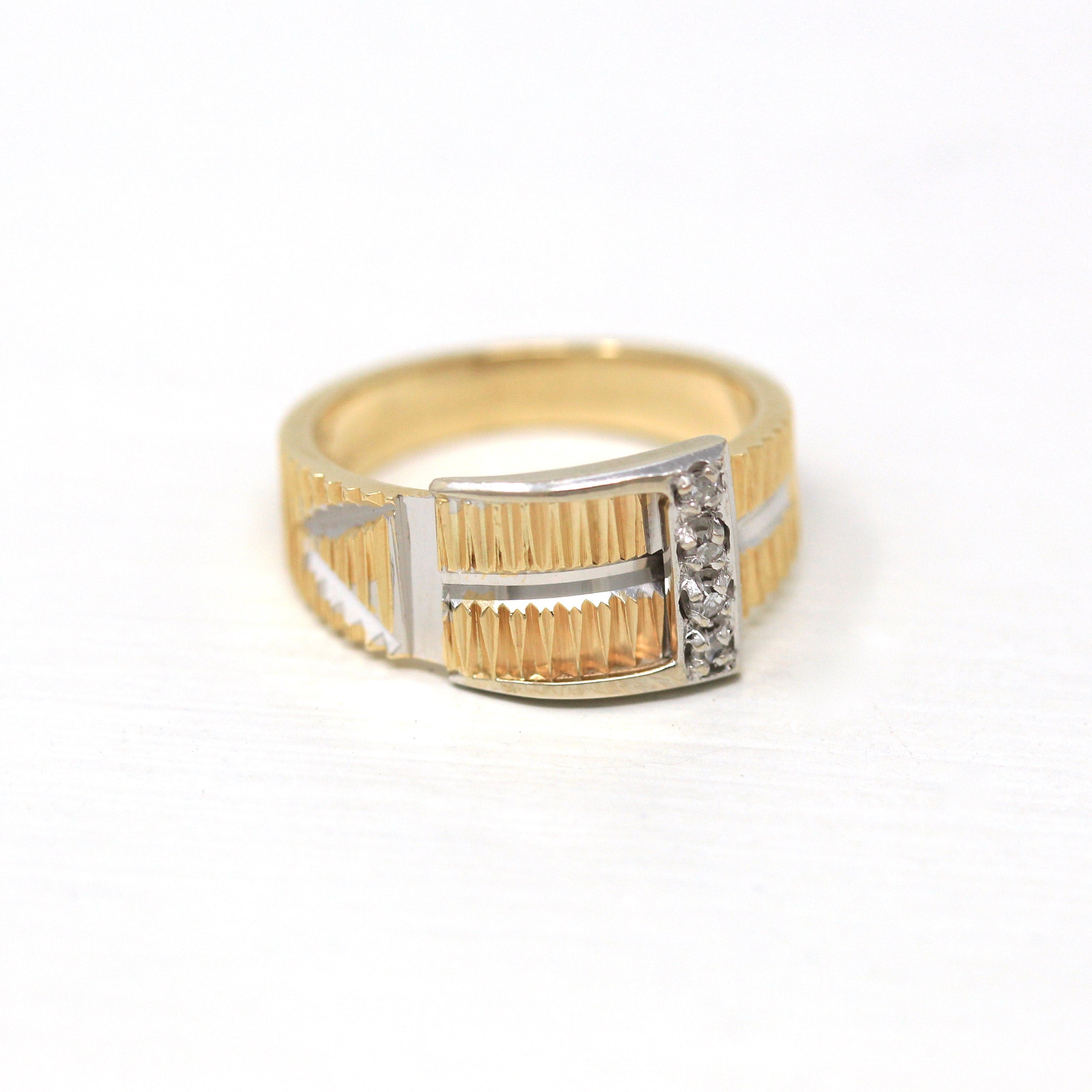 Belt Buckle Ring - Retro 14k Yellow & White Gold Genuine Single Cut .04 CTW Diamonds Band - Vintage Circa 1970s Era Size 7 Fine 70s Jewelry