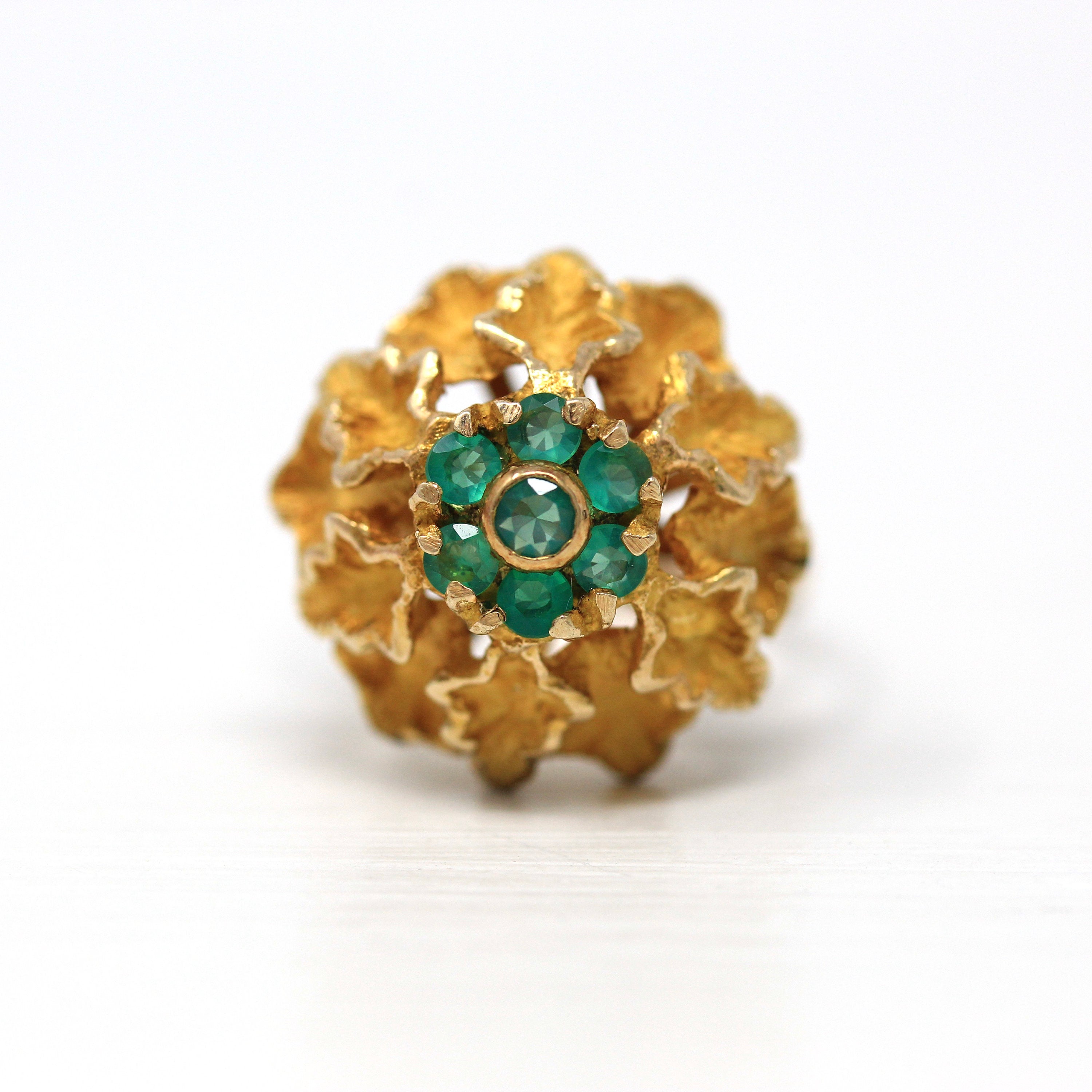 Vintage Flower Ring - Retro 14k Yellow Gold Green Chalcedony Cluster Genuine Gemstones - Vintage Circa 1970s Era Size 5 1/4 Fine 70s Jewelry