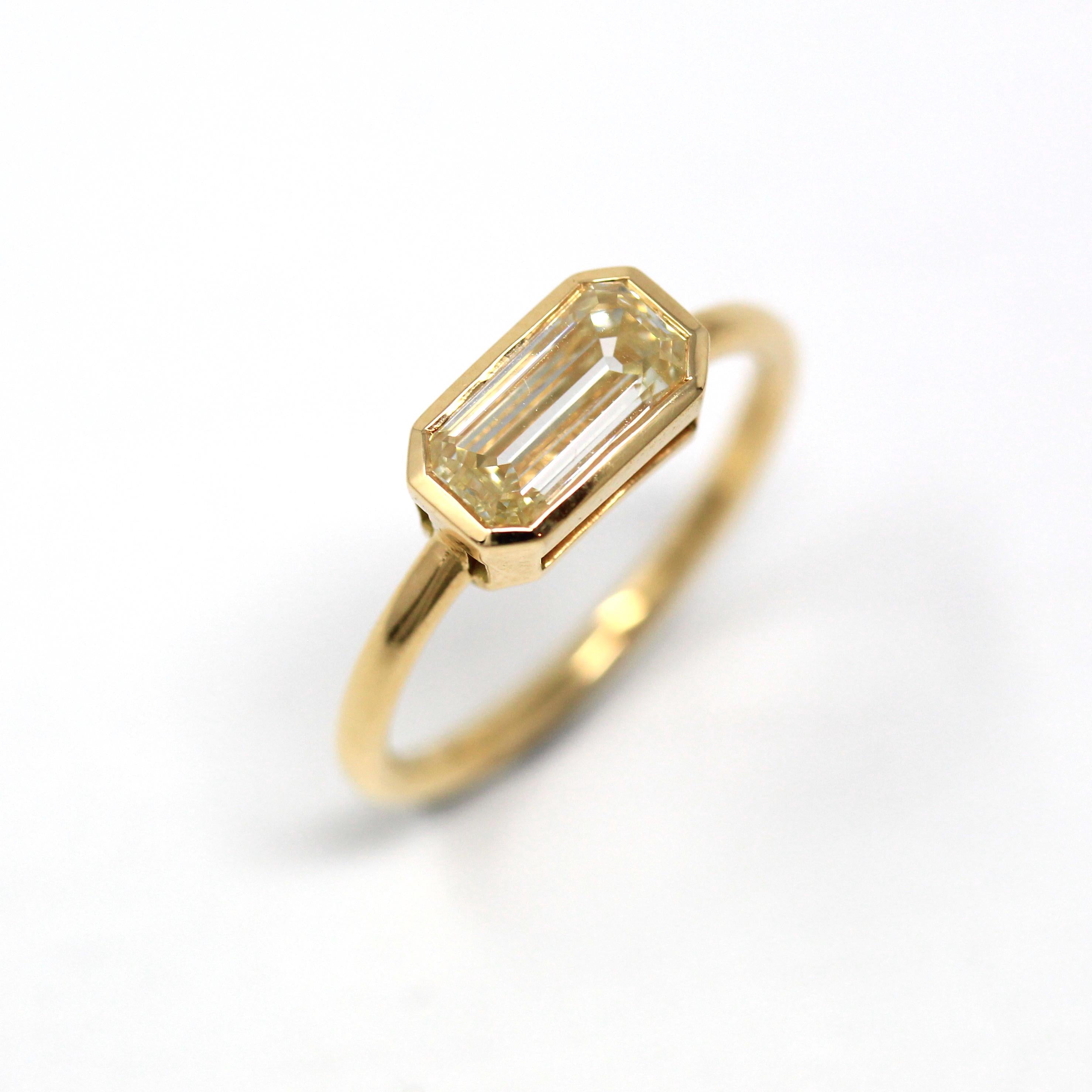 1.40 ct Emerald Cut Diamond Engagement Ring - 18k Yellow Gold Bezel East West Modern Setting - Recycled Vintage Diamond GIA Report Jewelry