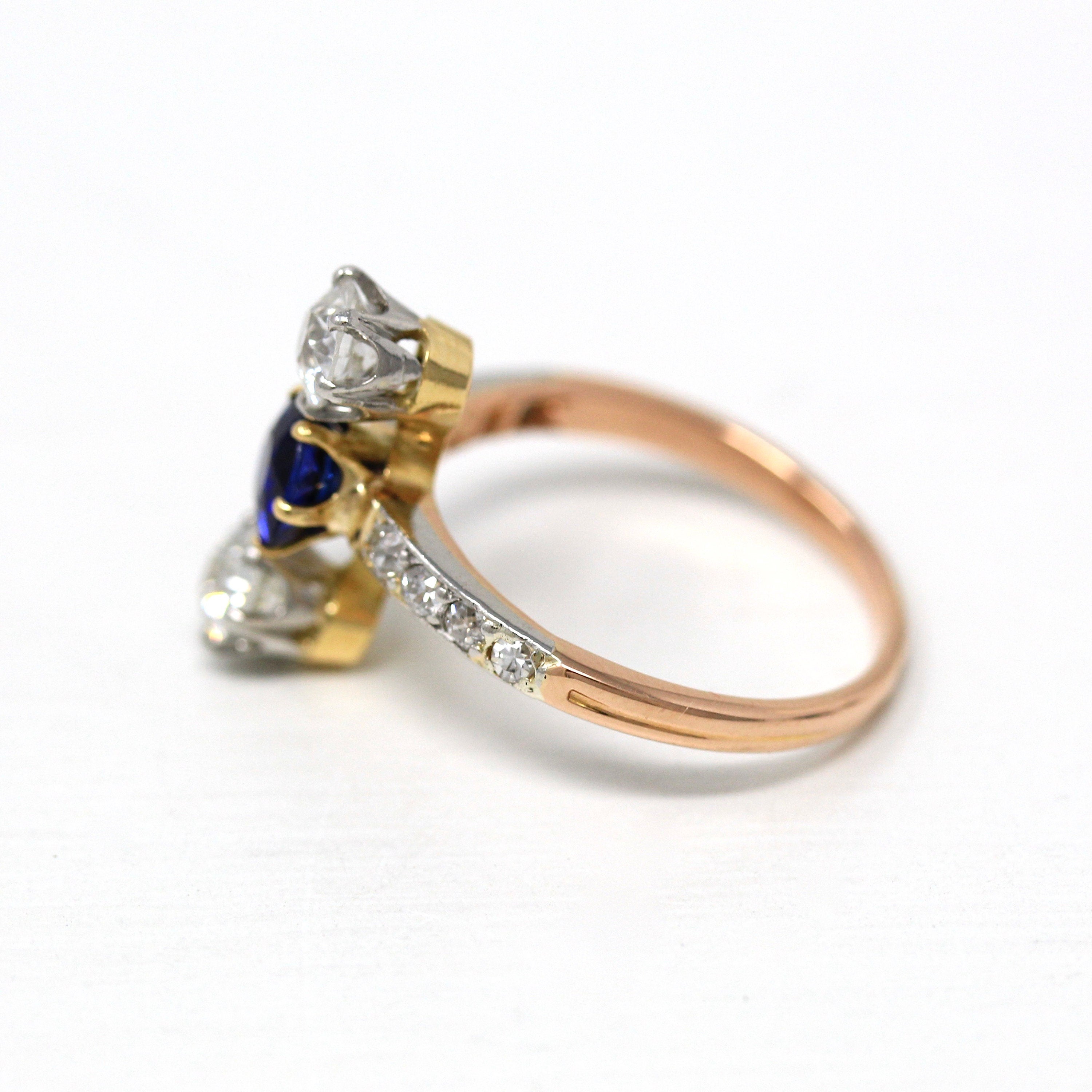 Antique Edwardian Ring - Vintage 18k Gold & Platinum Old European Cut Diamonds Genuine Blue Sapphire - 1910s Size 7.5 Fine Jewelry Report