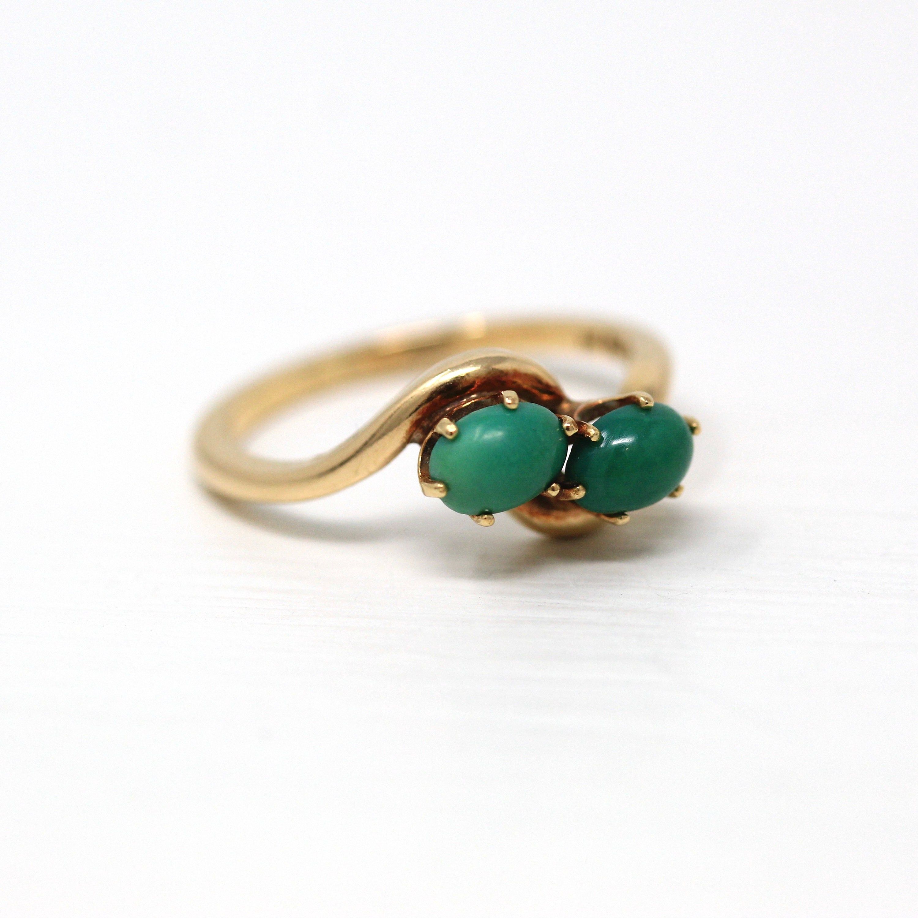 Genuine Turquoise Ring - Retro 14k Yellow Gold Oval Cabochon Cut Green Gemstones - Vintage Circa 1960s Era Size 6 Statement Bypass Jewelry