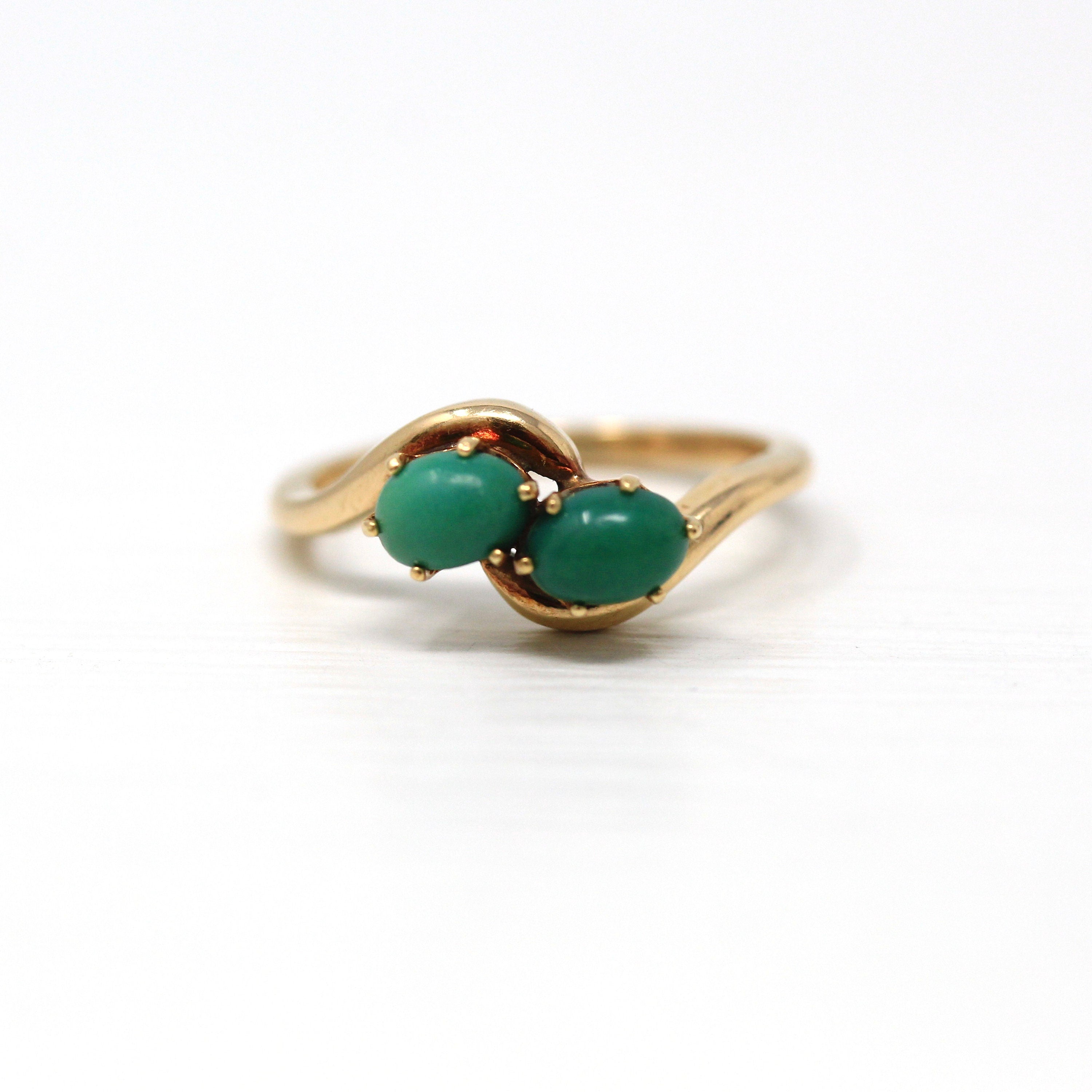 Genuine Turquoise Ring - Retro 14k Yellow Gold Oval Cabochon Cut Green Gemstones - Vintage Circa 1960s Era Size 6 Statement Bypass Jewelry