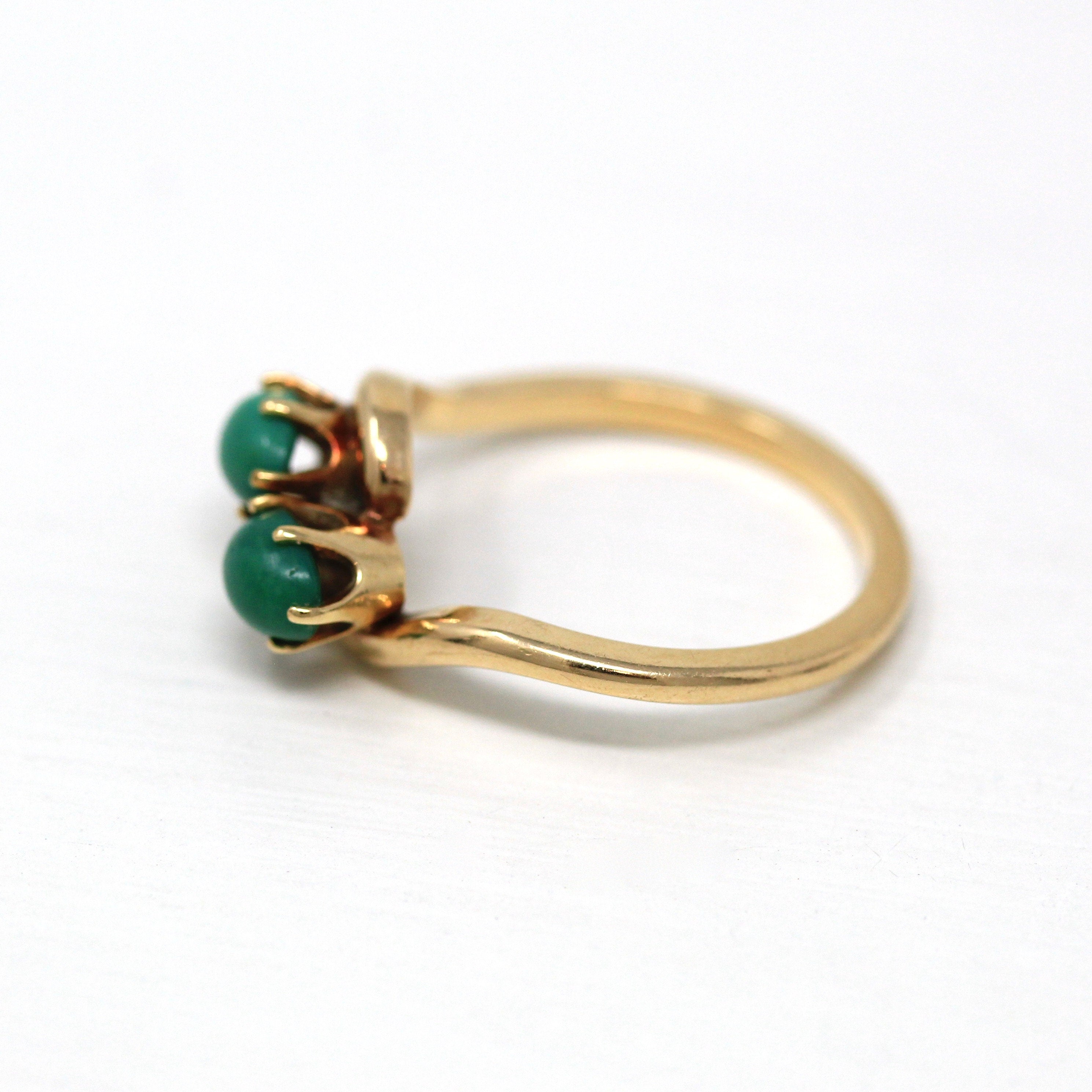 Genuine Turquoise Ring - Retro 14k Yellow Gold Oval Cabochon Cut Green Gemstones - Vintage Circa 1960s Era Size 6 Statement Bypass Jewelry