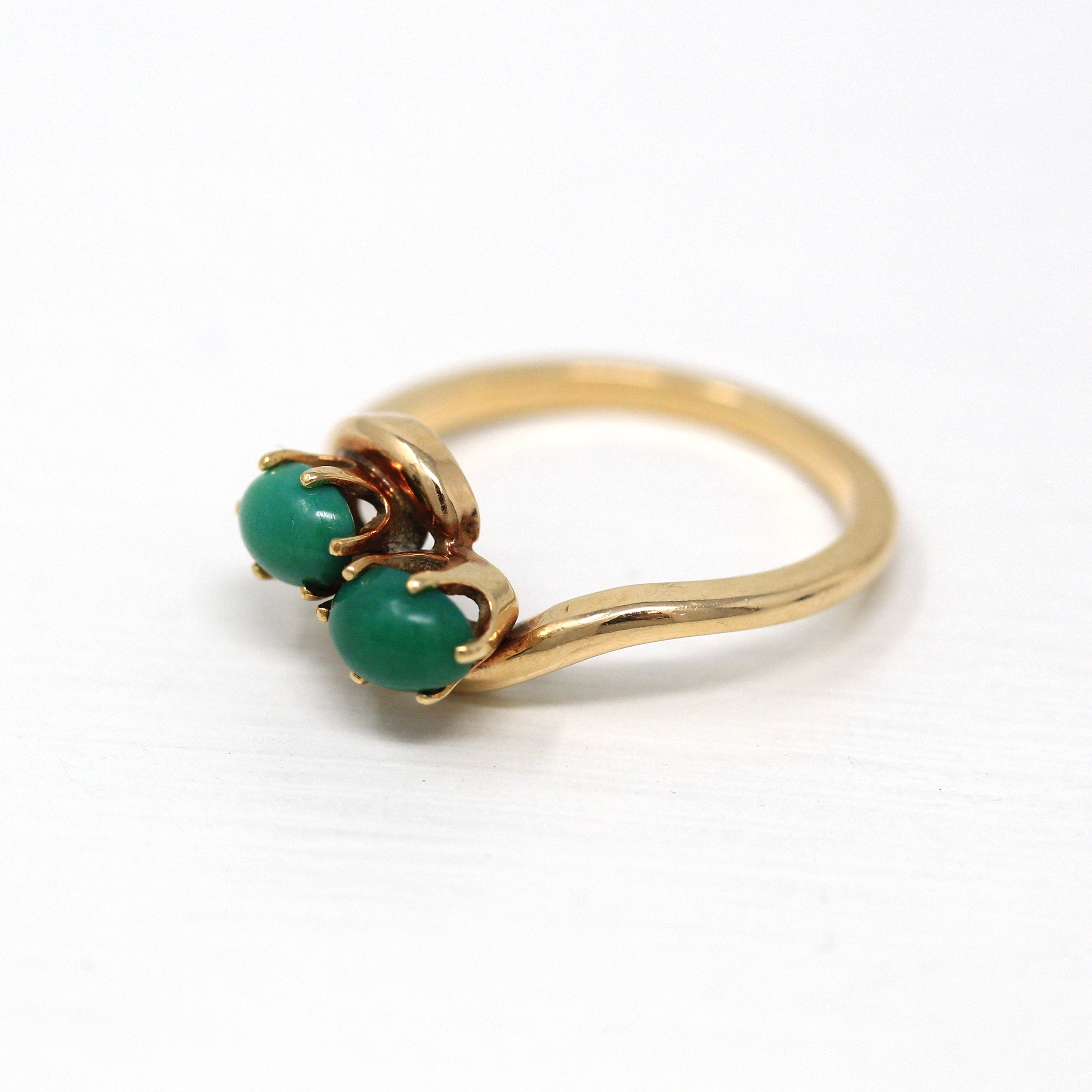 Genuine Turquoise Ring - Retro 14k Yellow Gold Oval Cabochon Cut Green Gemstones - Vintage Circa 1960s Era Size 6 Statement Bypass Jewelry