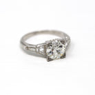 1.37 ct Diamond Engagement Ring - 1950s Platinum Round Cut & Baguette Diamond - Size 4 3/4 Milgrain Mid Century 1950s GIA Report Jewelry