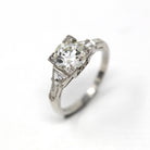 1.37 ct Diamond Engagement Ring - 1950s Platinum Round Cut & Baguette Diamond - Size 4 3/4 Milgrain Mid Century 1950s GIA Report Jewelry