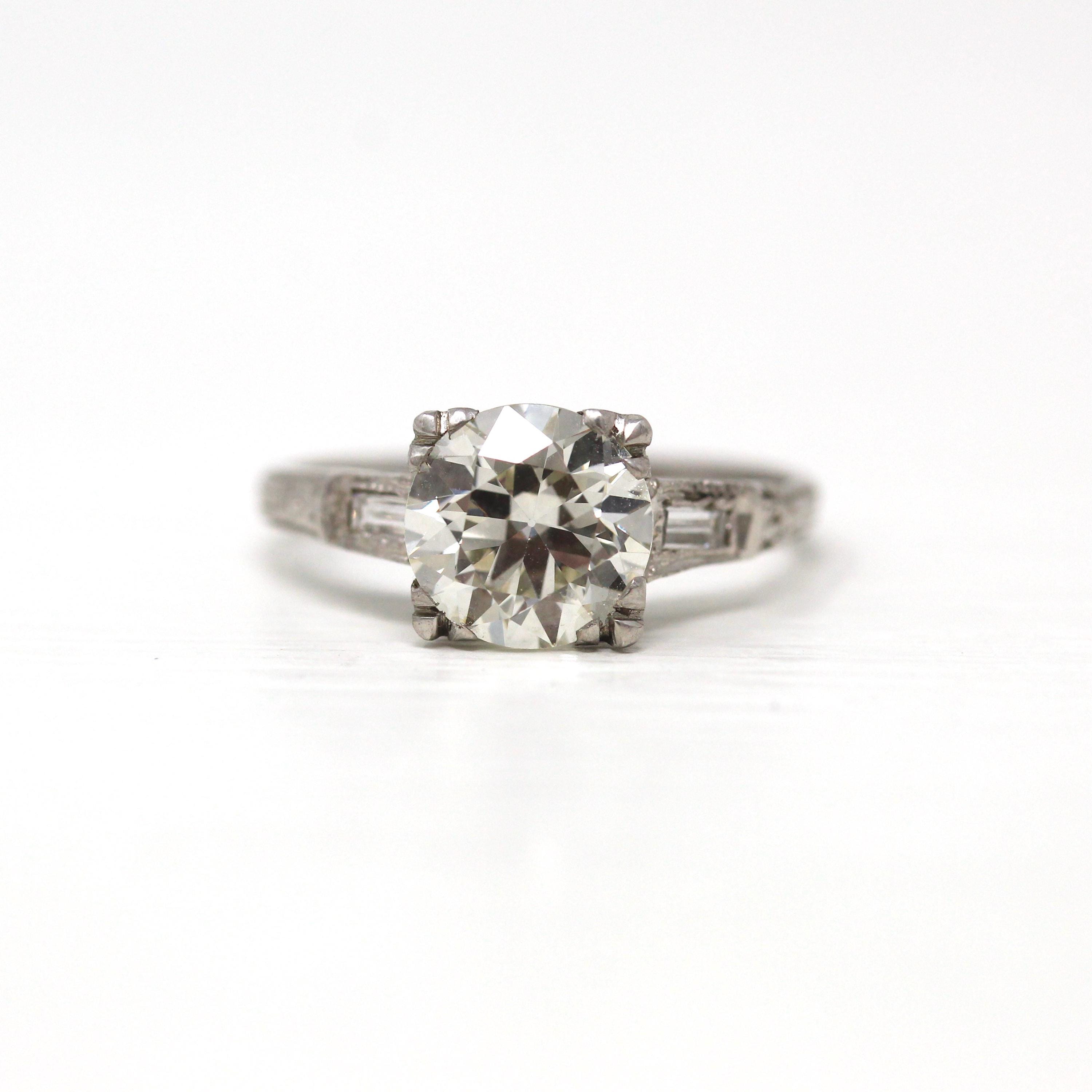 1.72 ct Diamond Engagement Ring - 1950s Platinum Round Cut & Baguette Diamond - Size 5 Engraved Mid Century 1950s GIA Report Jewelry