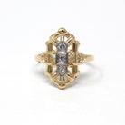 Vintage Shield Ring - Art Deco Era 10k Yellow & White Gold .06 CTW Genuine Diamond Gem - Vintage Circa 1930s Size 7.5 Statement Fine Jewelry