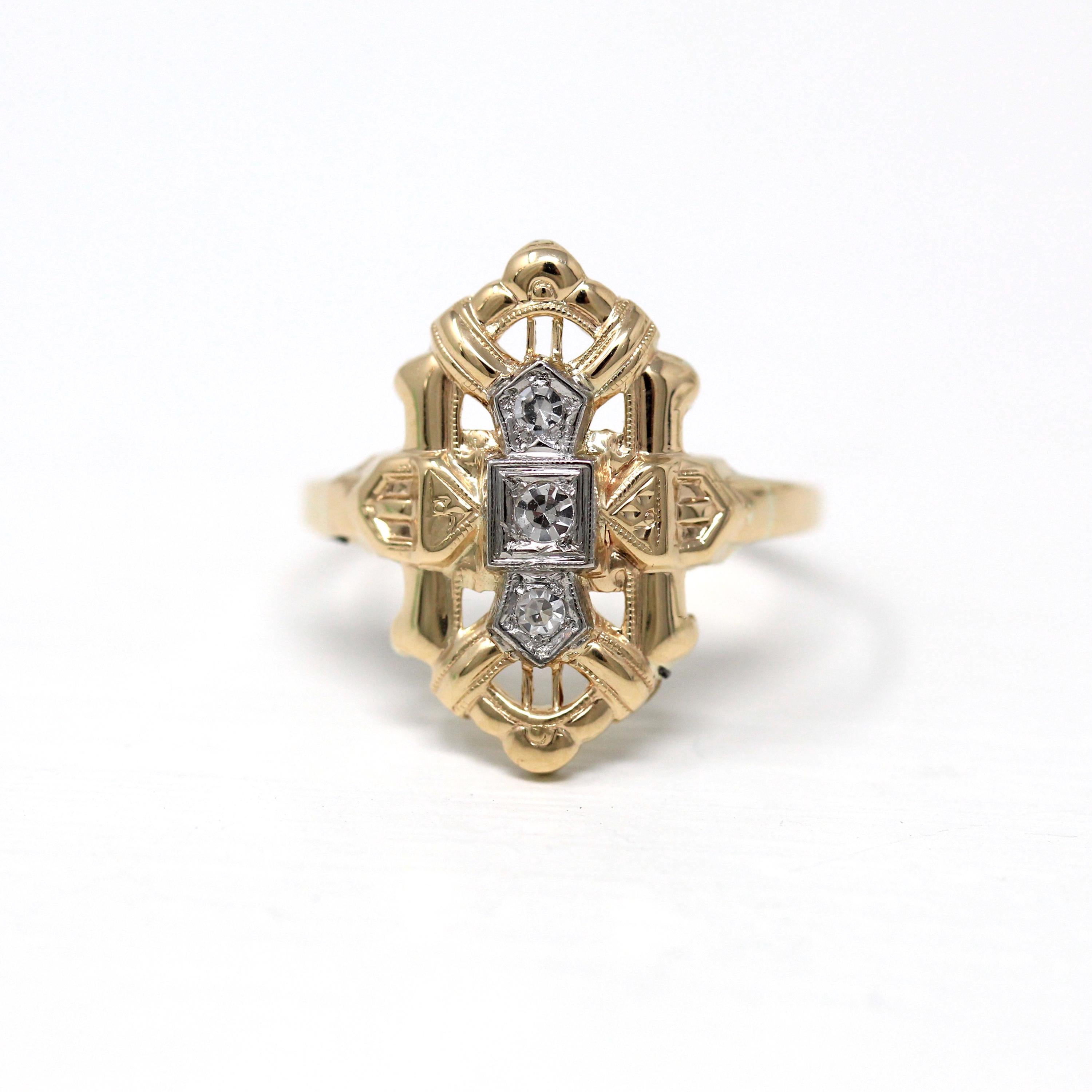 Vintage Shield Ring - Art Deco Era 10k Yellow & White Gold .06 CTW Genuine Diamond Gem - Vintage Circa 1930s Size 7.5 Statement Fine Jewelry