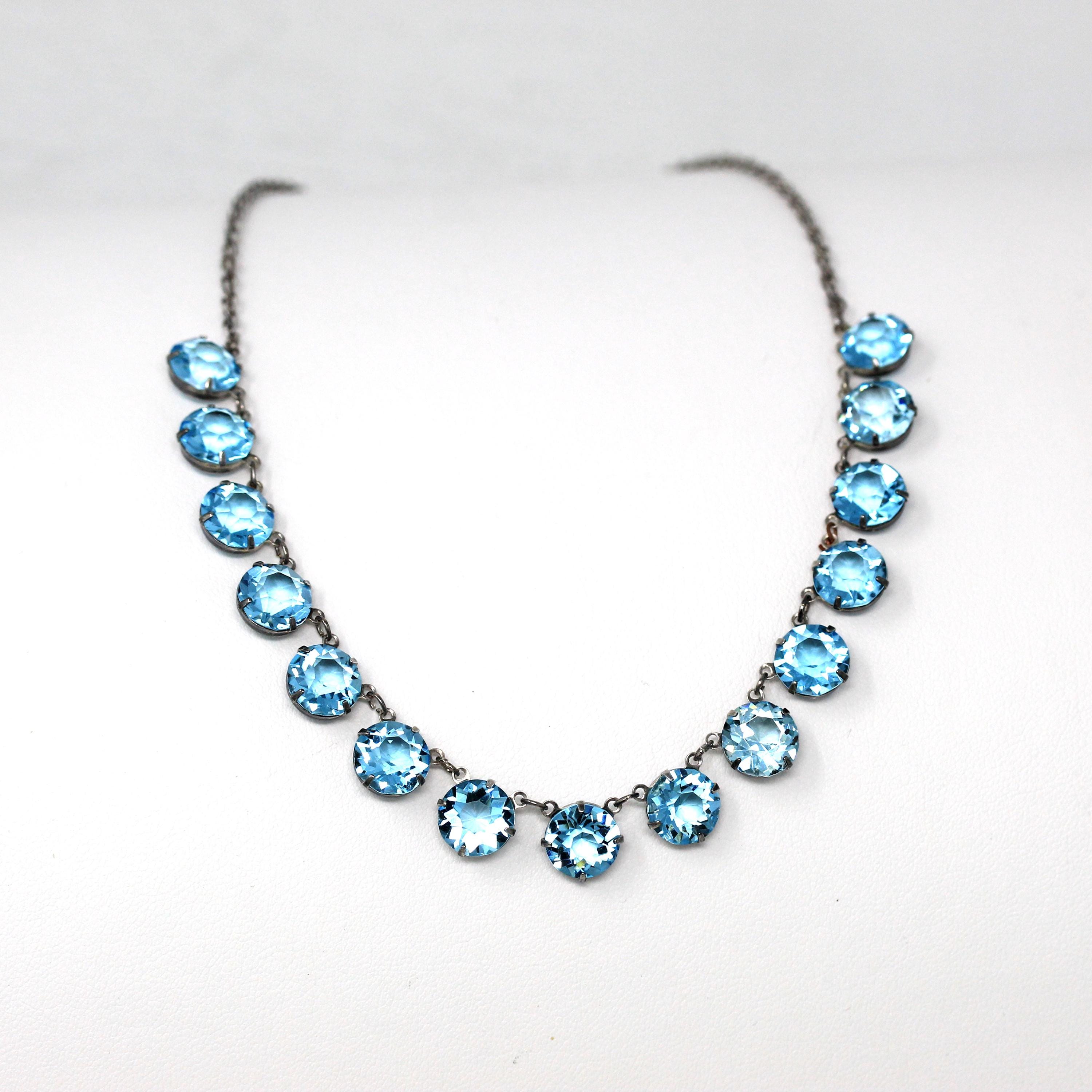 Art Deco Necklace - Vintage Sterling Silver Blue Glass Stones Collar Bib Choker - Circa 1930s 14 3/4" Inches Flapper Statement 30s Jewelry