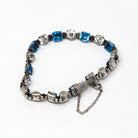 Art Deco Bracelet - Vintage Sterling Silver Blue & White Glass Rhinestones Safety Chain - Circa 1930s Statement Fashion Accessory Jewelry