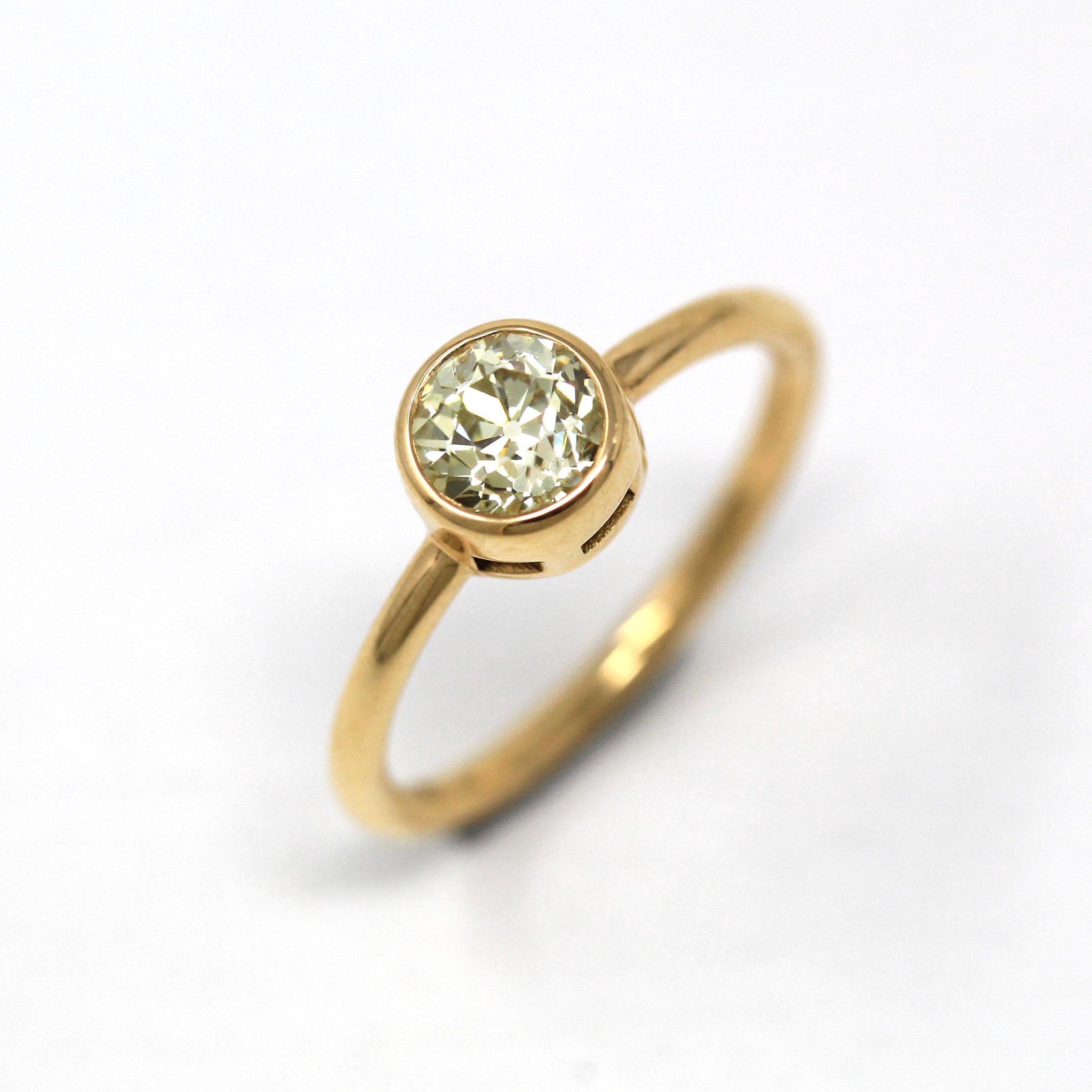 Vintage .97 ct Old European Cut Diamond Engagement Ring - 18k Yellow Gold Bezel Set Fancy Light Yellow Gem - Size 6 GIA Report Fine Jewelry