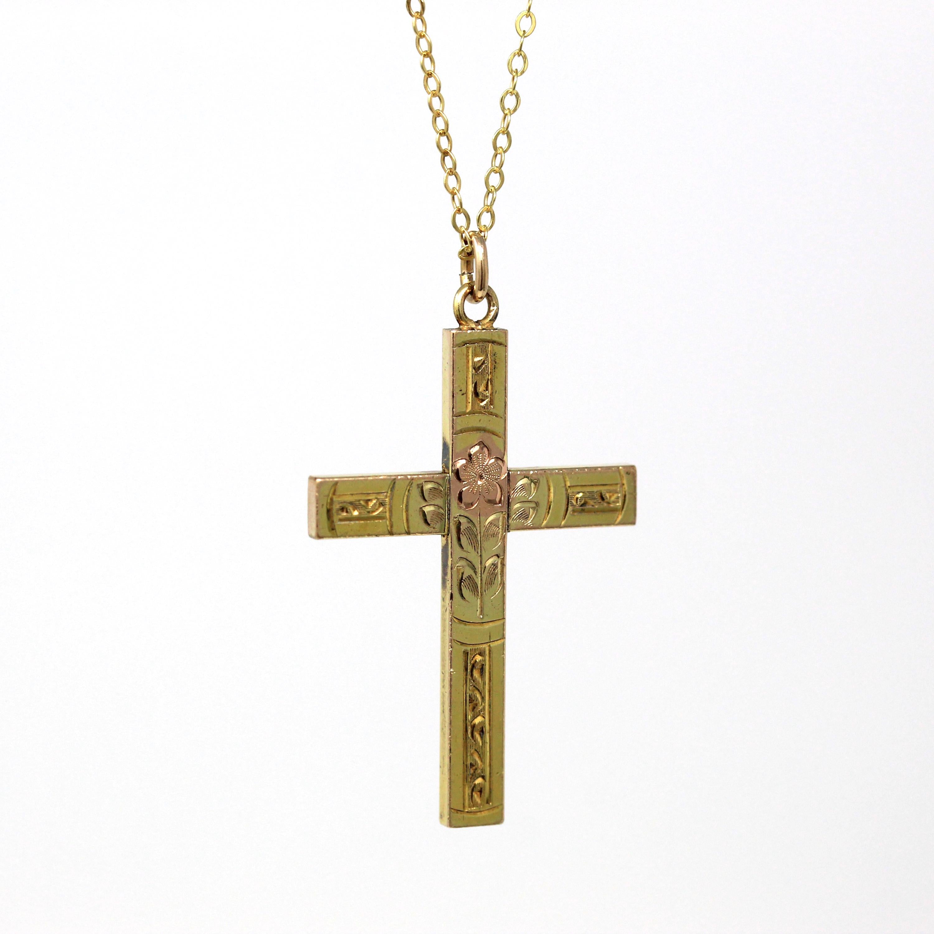 Vintage Cross Necklace - Retro 12k Gold Filled Engraved Flowers Pendant Charm - Circa 1940s Era Religious Faith Statement 40s Jewelry