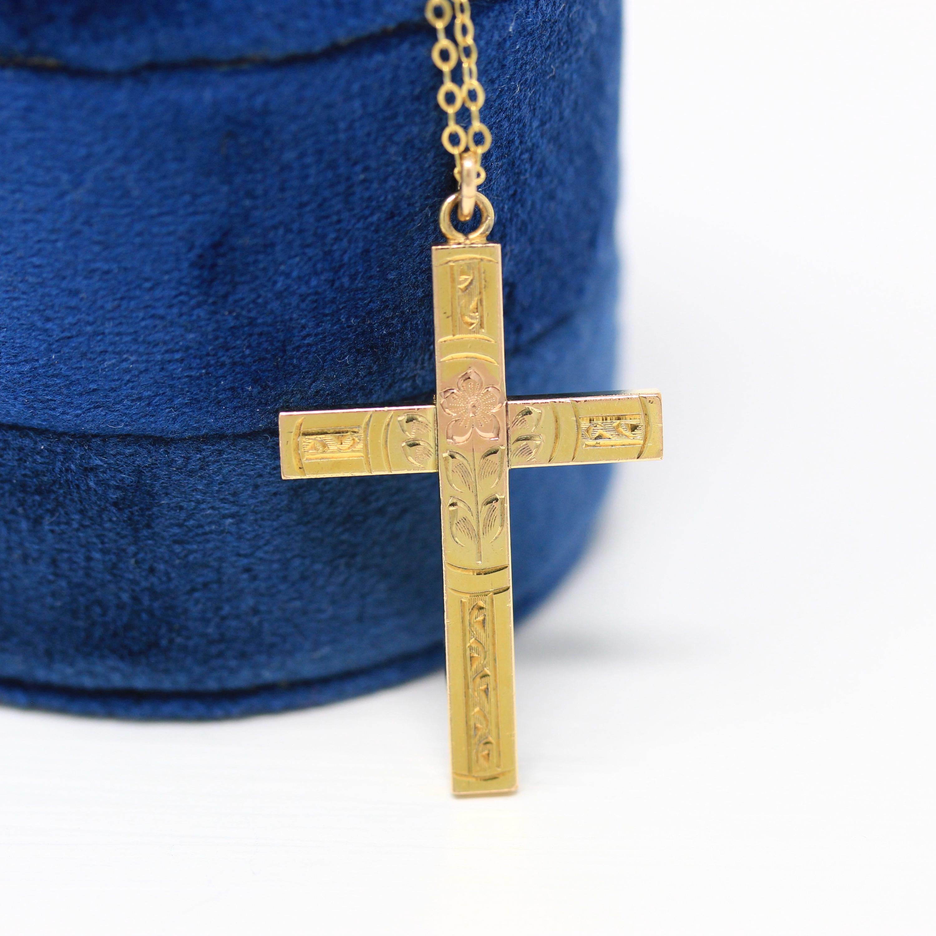 Vintage Cross Necklace - Retro 12k Gold Filled Engraved Flowers Pendant Charm - Circa 1940s Era Religious Faith Statement 40s Jewelry