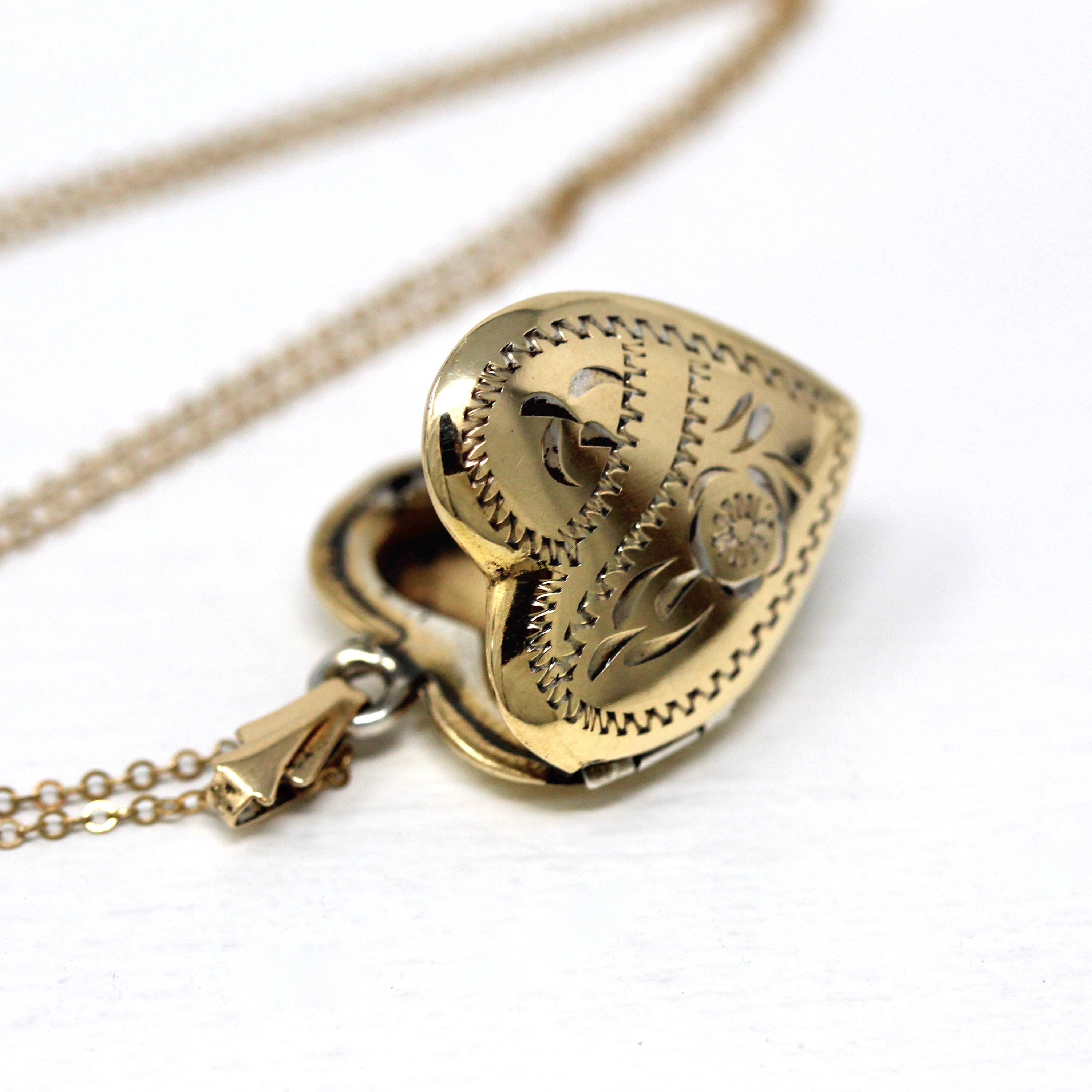 Vintage Heart Locket - Retro 10k Gold Filled Floral Design Flowers Pendant Necklace - Circa 1940s Era Keepsake Photograph 40s Jewelry