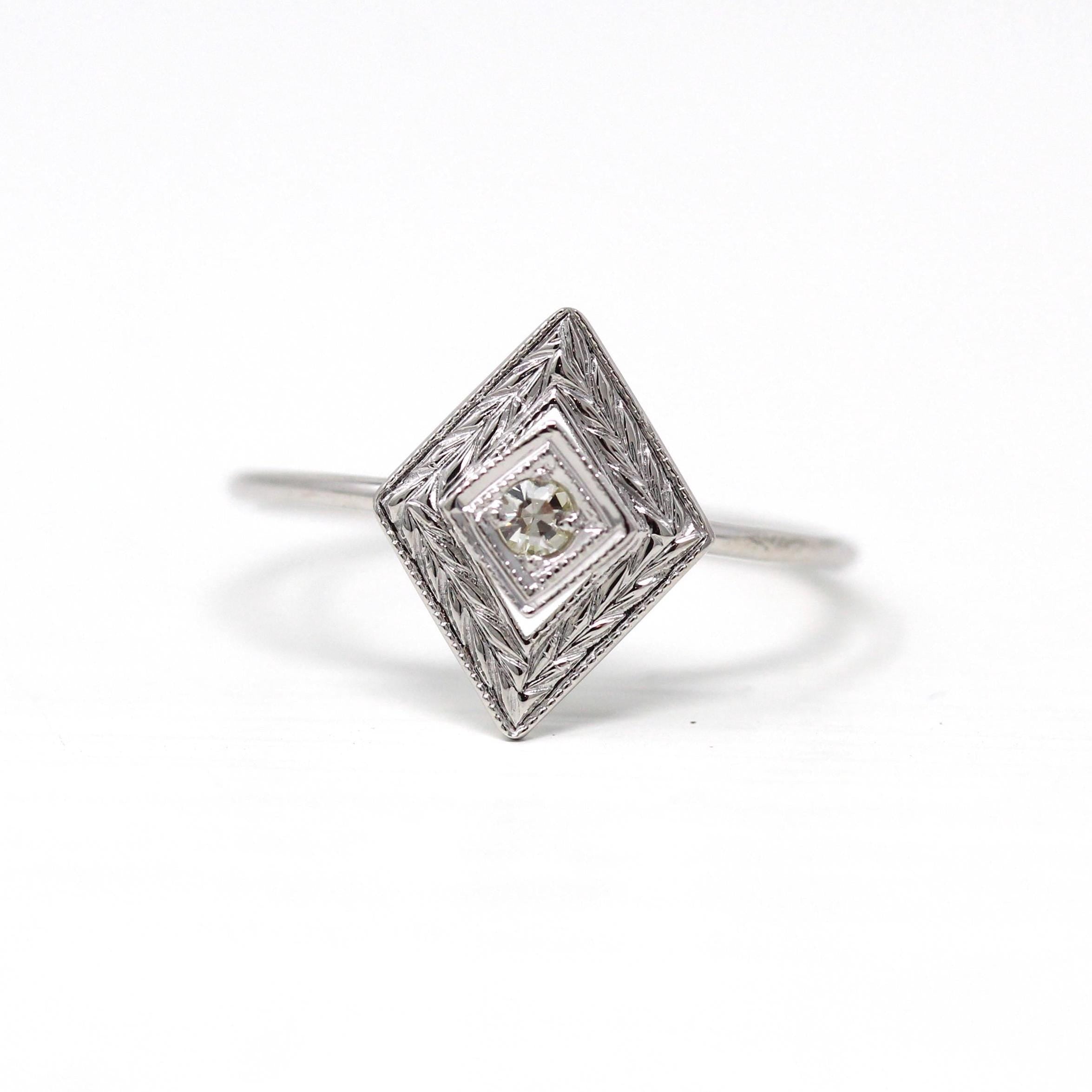 Diamond Shield Ring - Antique Art Deco 10k White Gold Stick Pin Conversion Ring - Size 6 Vintage 1930s Fine Leaf Halo Gemstone Jewelry