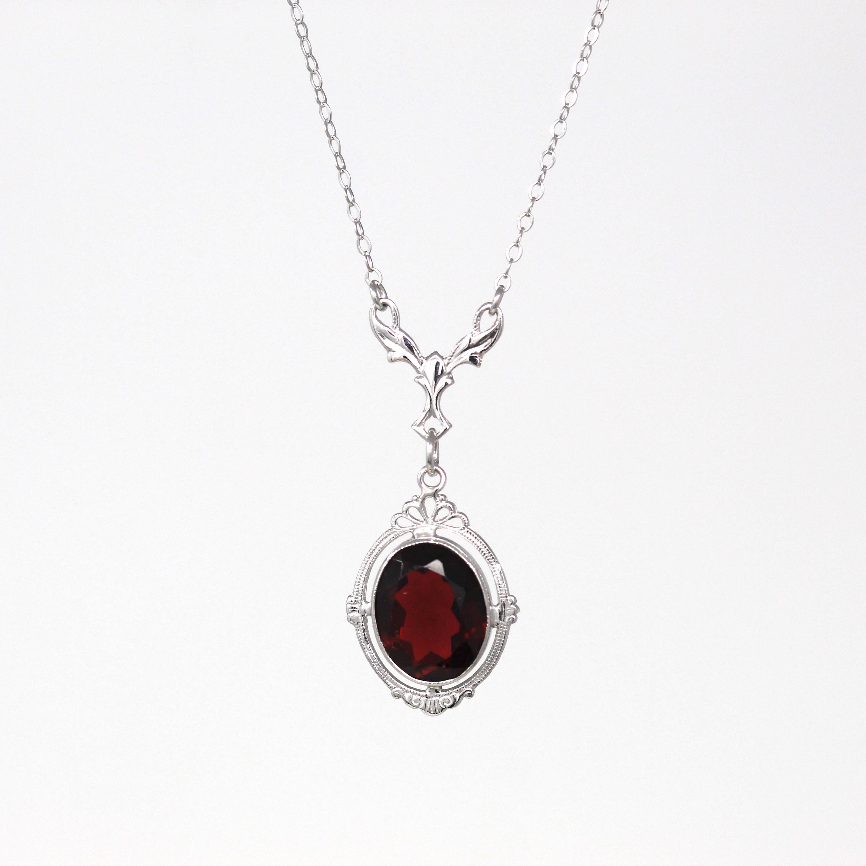 Art Deco Lavalier - Vintage 14k White Gold Filigree Simulated Garnet Pendant - Circa 1930's Era Wine Red Oval Faceted Glass Stone Jewelry