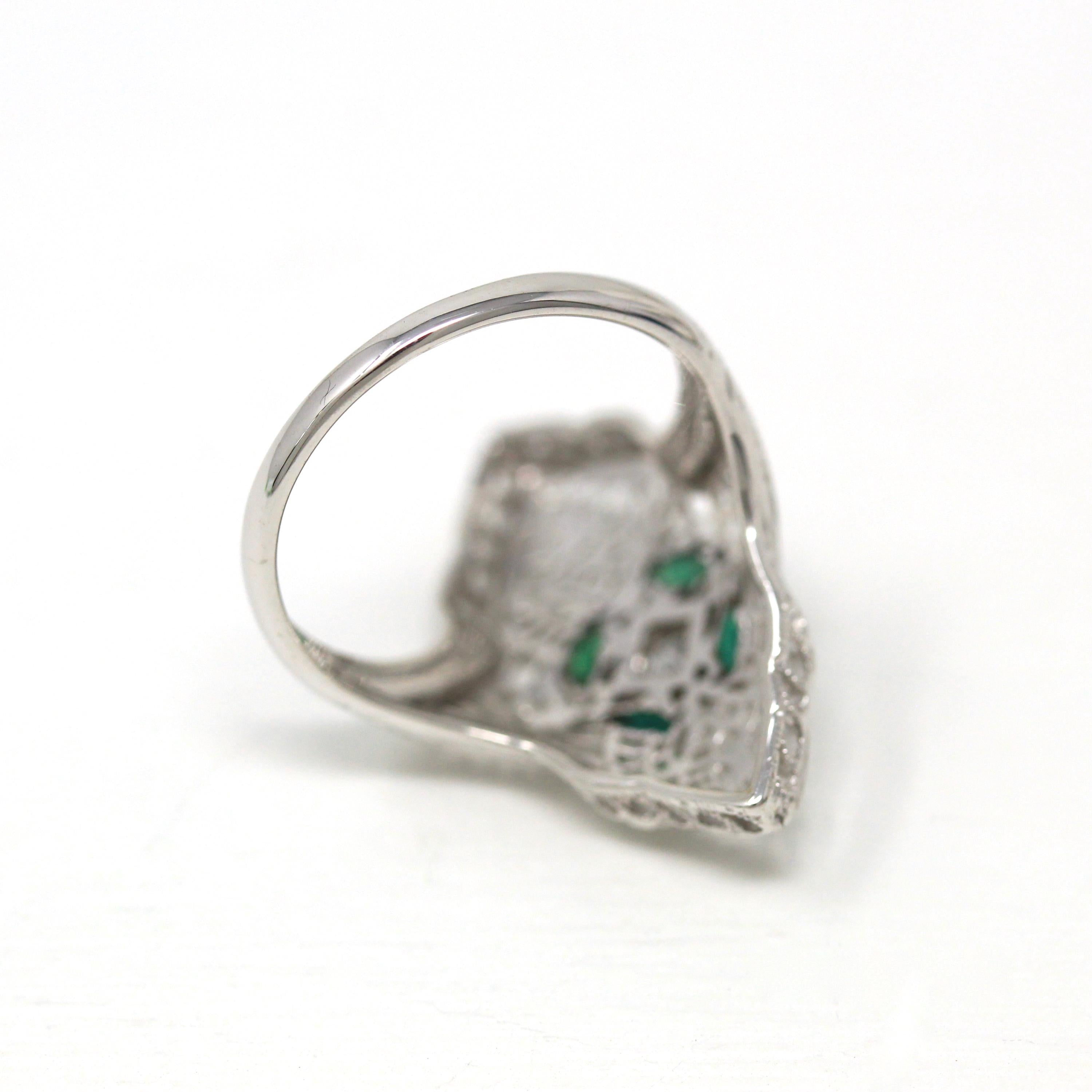 Vintage Shield Ring - Antique 14k White Gold Genuine White Sapphire & Simulated Emerald Filigree - Size 6 3/4 Art Deco 1930s Fine Jewelry