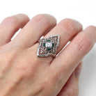 Vintage Shield Ring - Antique 14k White Gold Genuine White Sapphire & Simulated Emerald Filigree - Size 6 3/4 Art Deco 1930s Fine Jewelry