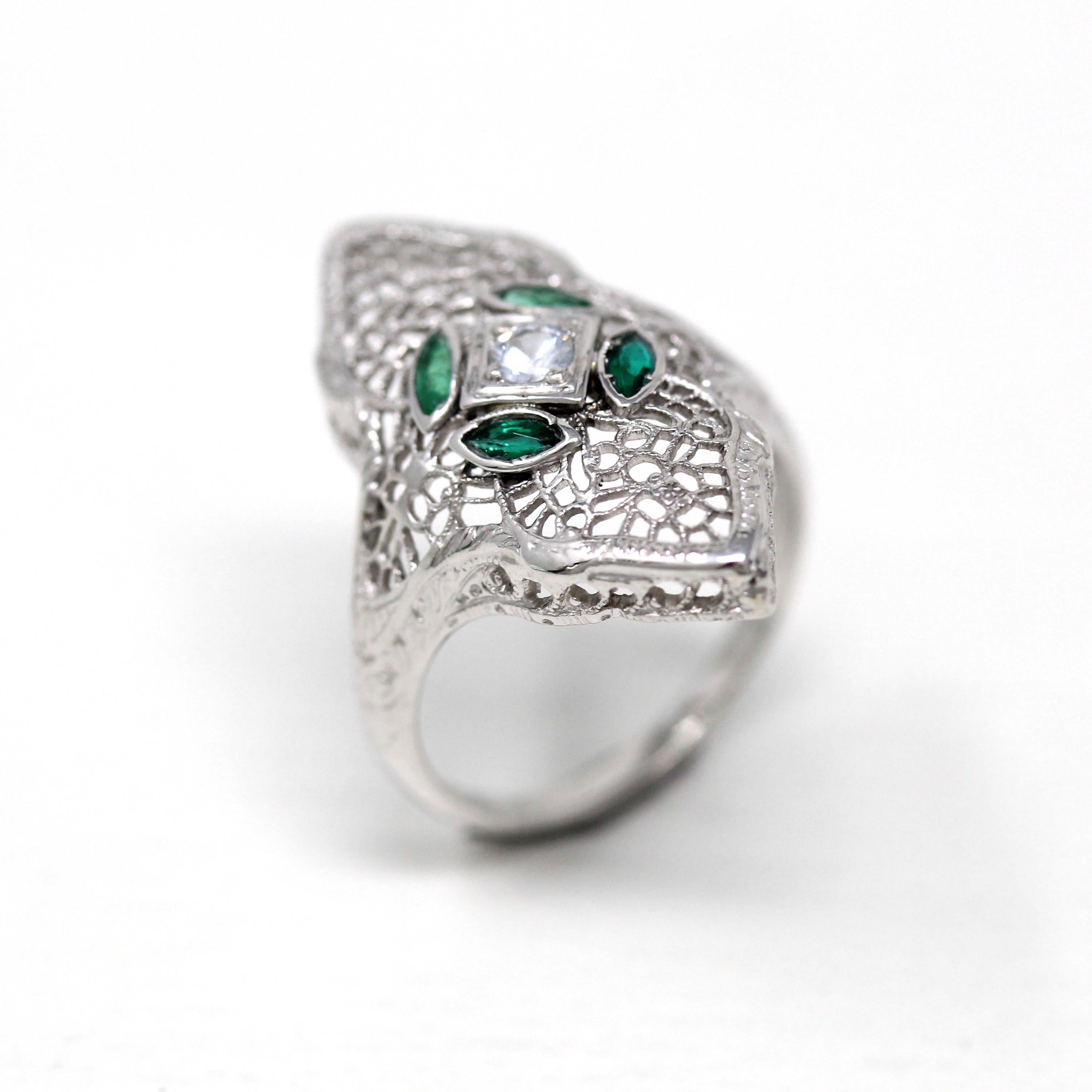 Vintage Shield Ring - Antique 14k White Gold Genuine White Sapphire & Simulated Emerald Filigree - Size 6 3/4 Art Deco 1930s Fine Jewelry