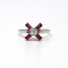 Baguette Engagement Ring - Vintage 14k White Gold Genuine .18 ctw Diamond Starburst - 1960s Size 7 Engagement Created Ruby Fine 60s Jewelry