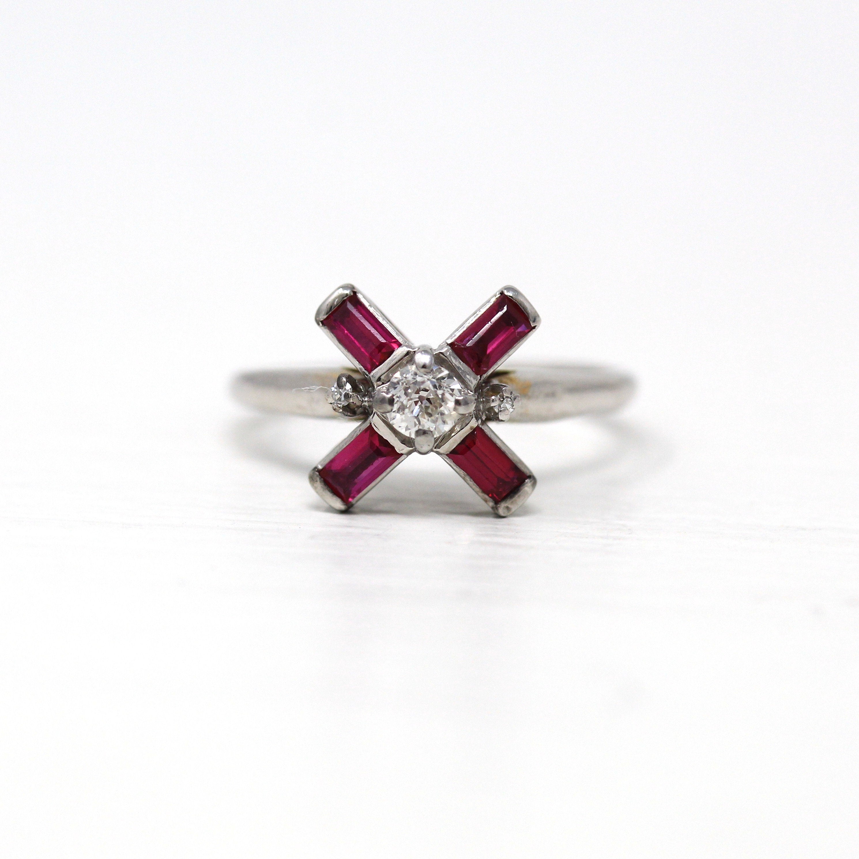 Baguette Engagement Ring - Vintage 14k White Gold Genuine .18 ctw Diamond Starburst - 1960s Size 7 Engagement Created Ruby Fine 60s Jewelry