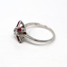 Baguette Engagement Ring - Vintage 14k White Gold Genuine .18 ctw Diamond Starburst - 1960s Size 7 Engagement Created Ruby Fine 60s Jewelry