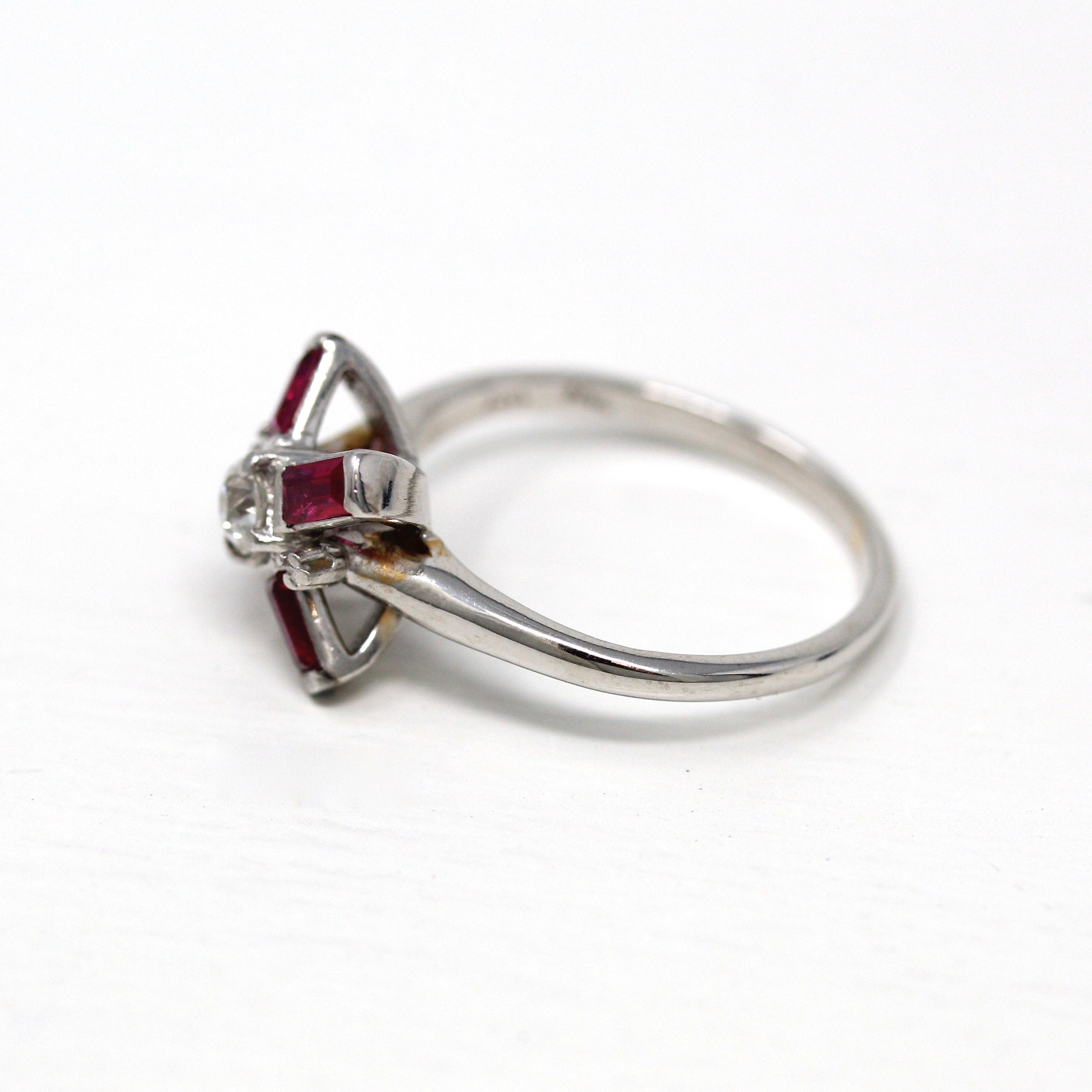 Baguette Engagement Ring - Vintage 14k White Gold Genuine .18 ctw Diamond Starburst - 1960s Size 7 Engagement Created Ruby Fine 60s Jewelry