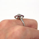 Baguette Engagement Ring - Vintage 14k White Gold Genuine .18 ctw Diamond Starburst - 1960s Size 7 Engagement Created Ruby Fine 60s Jewelry