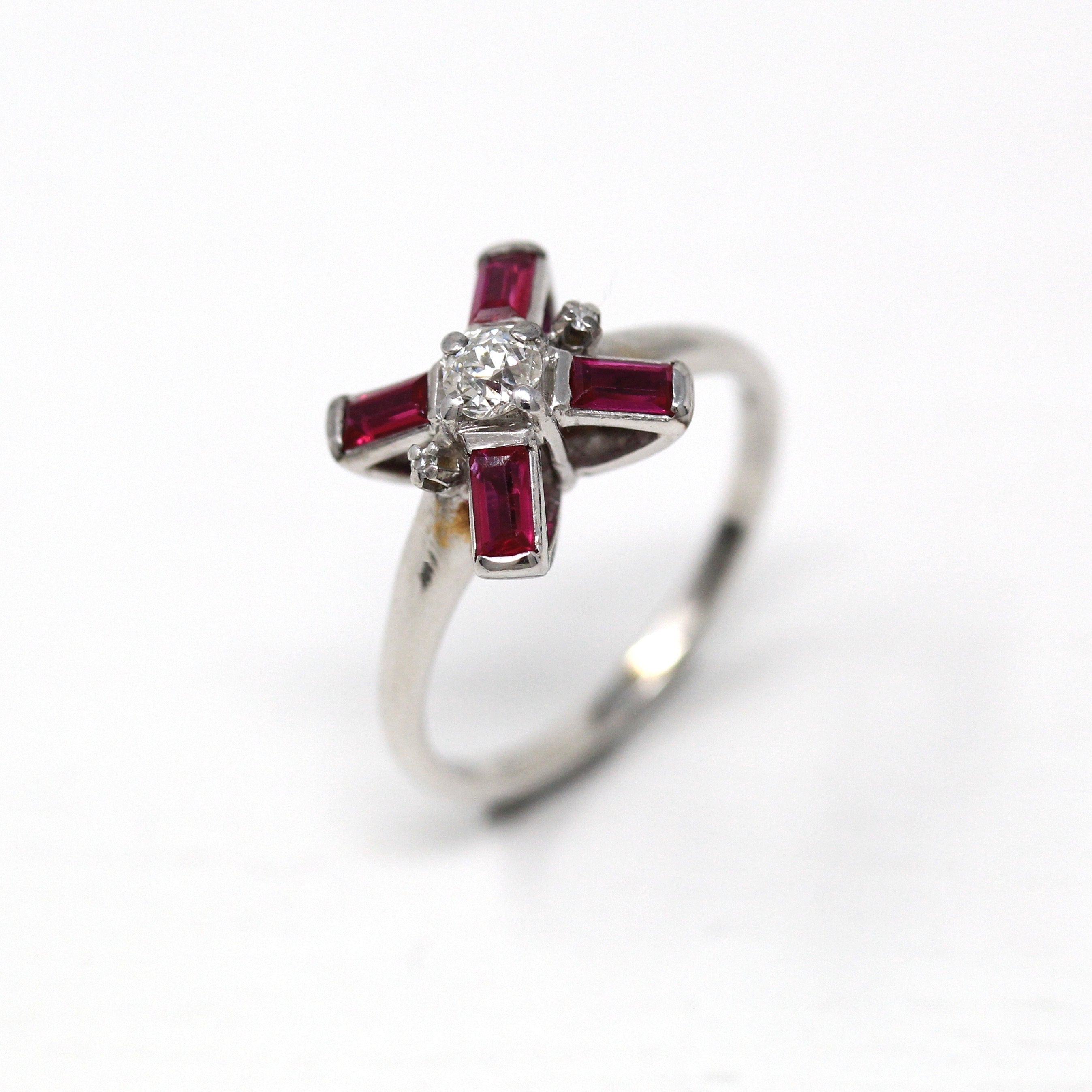 Baguette Engagement Ring - Vintage 14k White Gold Genuine .18 ctw Diamond Starburst - 1960s Size 7 Engagement Created Ruby Fine 60s Jewelry