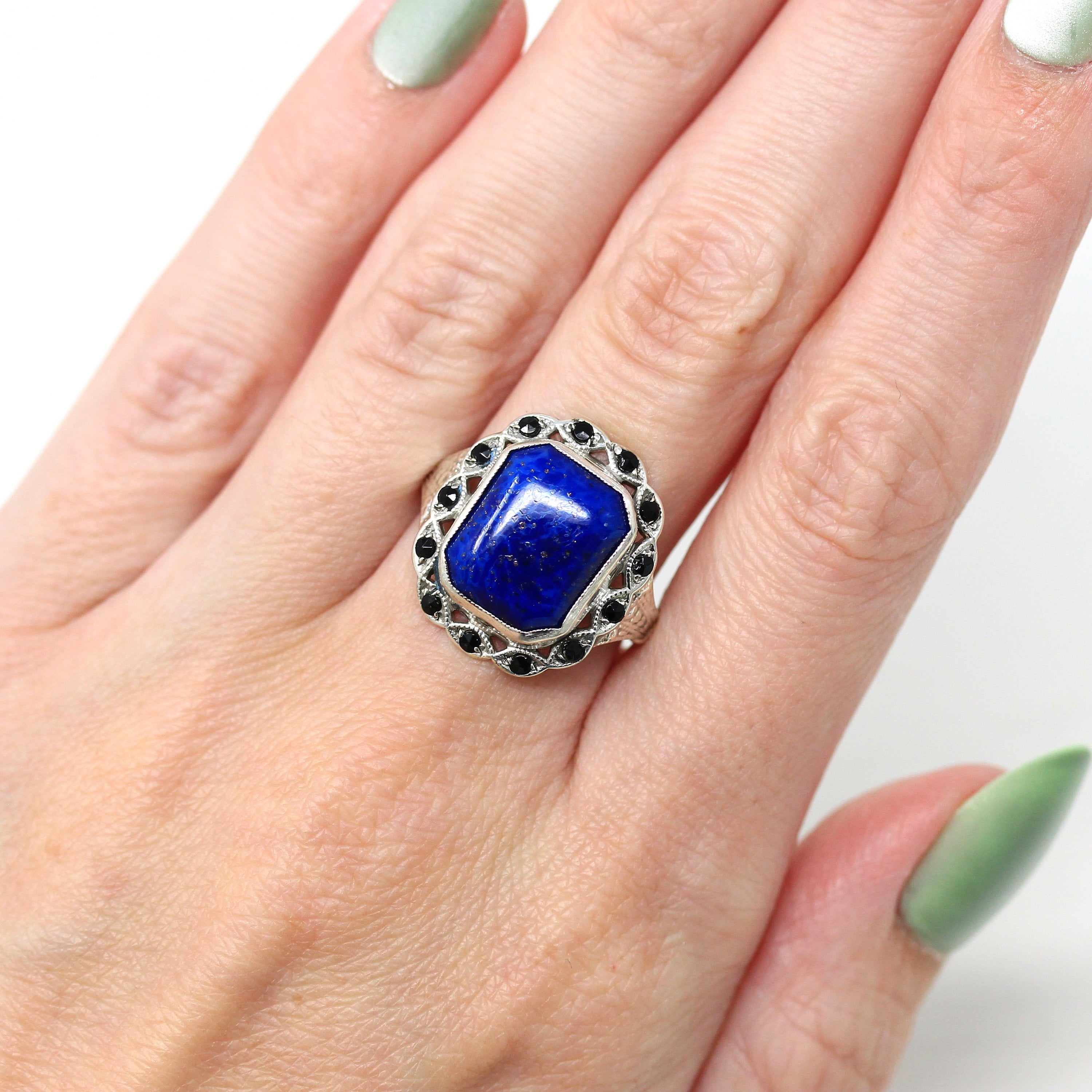 Simulated Lapis Lazuli Ring - Art Deco Sterling Silver Black Glass Halo Ring - Circa 1930s Era Size 7 Cocktail Statement 30s Jewelry