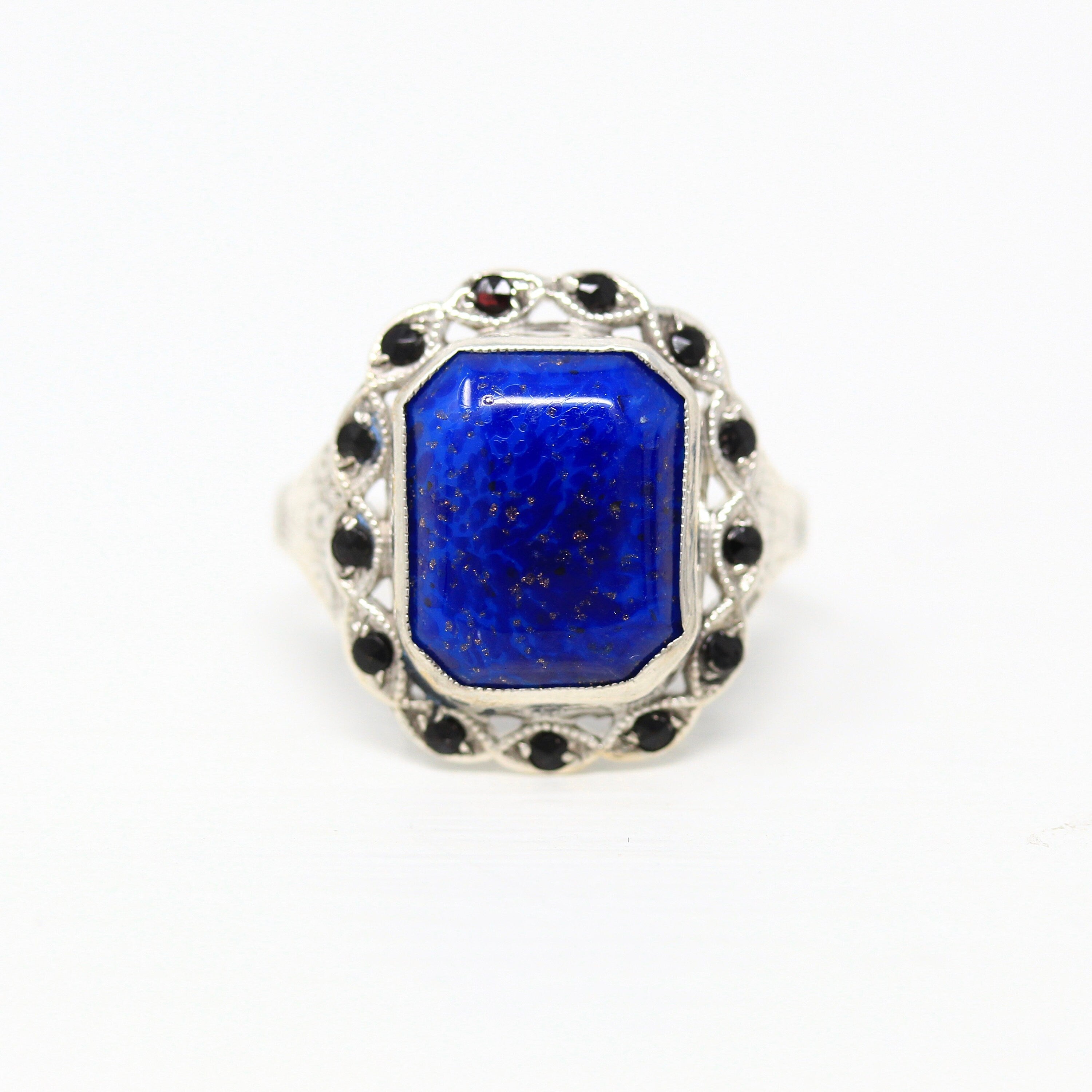 Simulated Lapis Lazuli Ring - Art Deco Sterling Silver Black Glass Halo Ring - Circa 1930s Era Size 7 Cocktail Statement 30s Jewelry