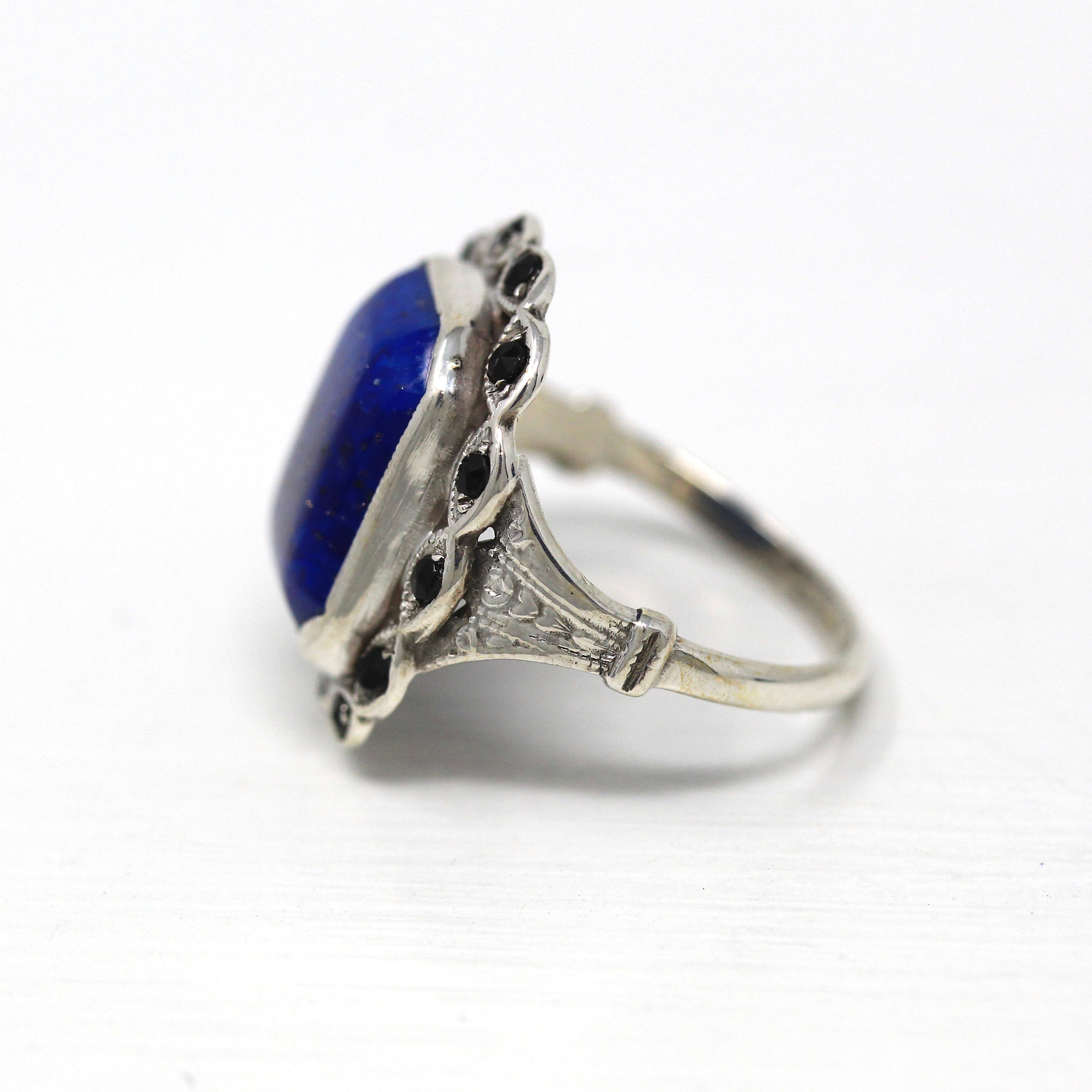 Simulated Lapis Lazuli Ring - Art Deco Sterling Silver Black Glass Halo Ring - Circa 1930s Era Size 7 Cocktail Statement 30s Jewelry