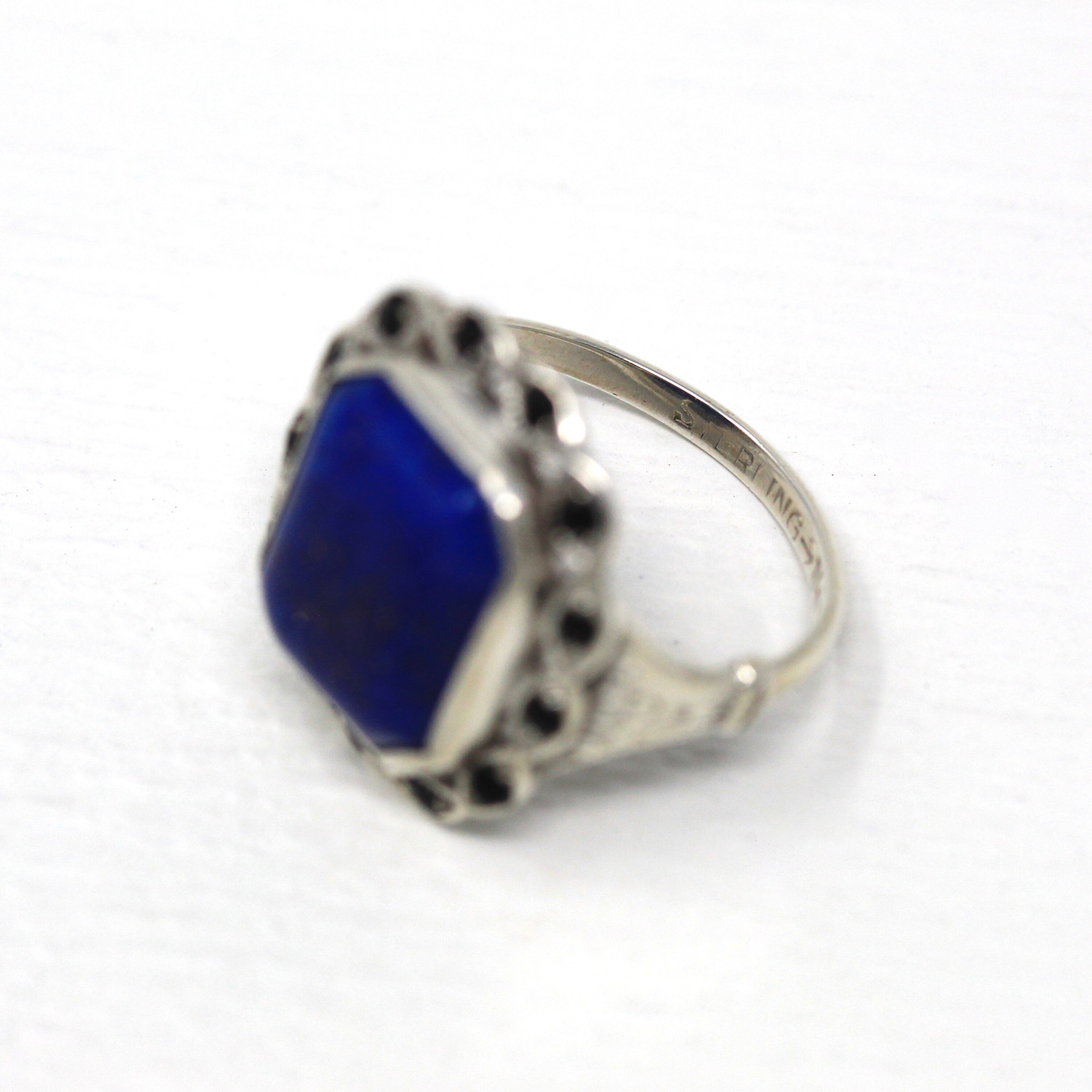 Simulated Lapis Lazuli Ring - Art Deco Sterling Silver Black Glass Halo Ring - Circa 1930s Era Size 7 Cocktail Statement 30s Jewelry