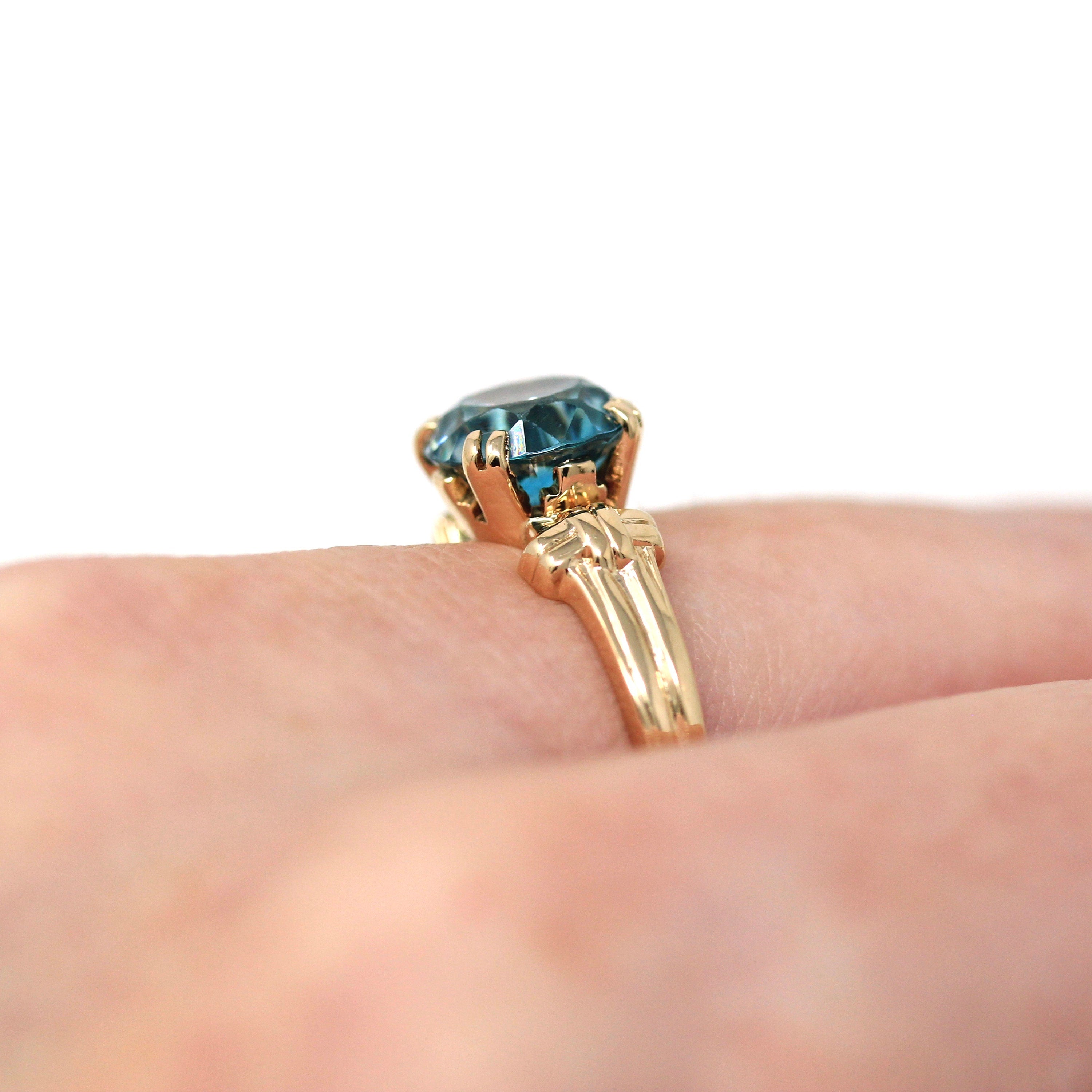 Genuine Blue Zircon Ring - Retro 14k Rosy Yellow Gold Round Blue 3.09 CT Gemstone - Vintage Circa 1940s Size 7 1/4 Solitaire Fine Jewelry