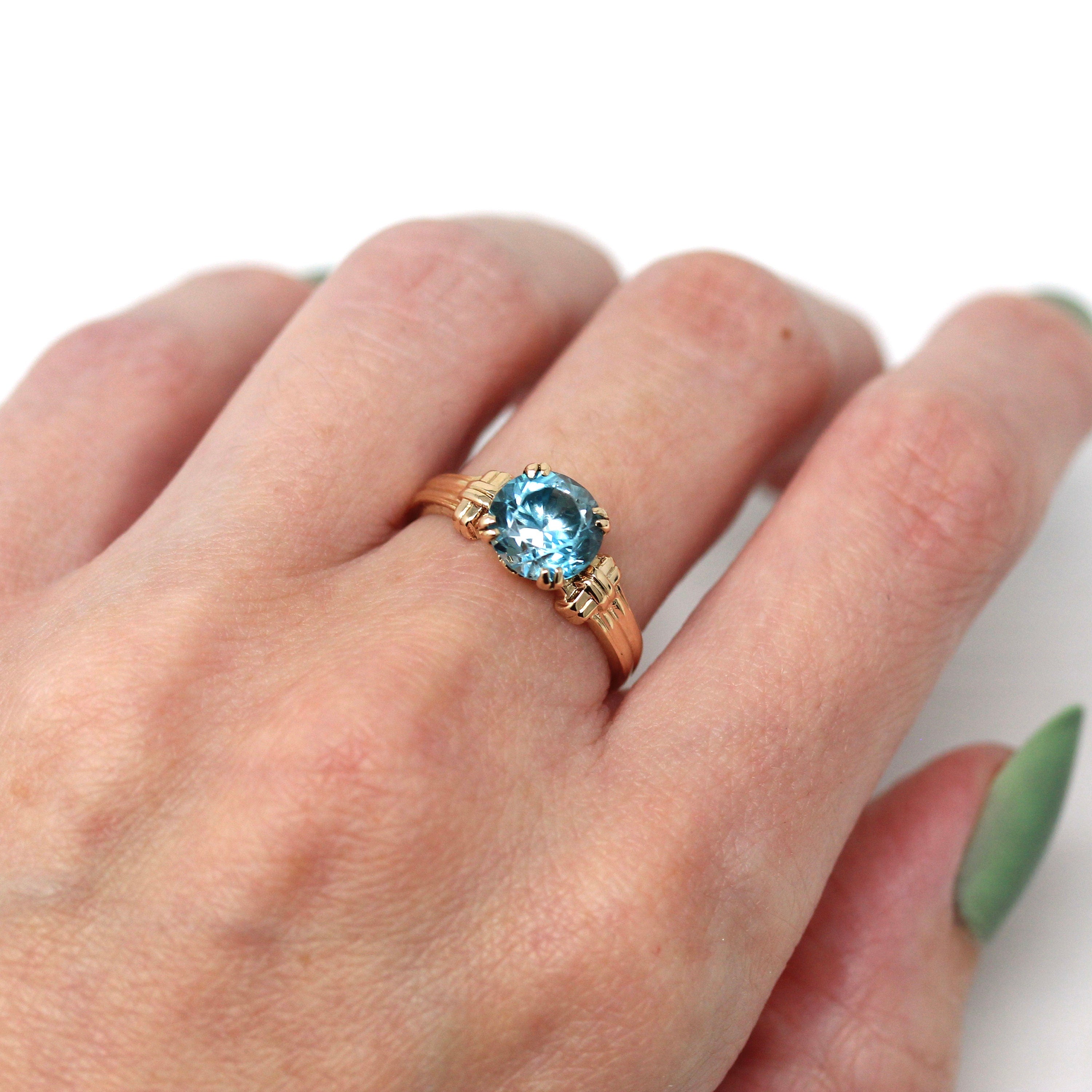 Genuine Blue Zircon Ring Retro 14k Rosy Yellow Gold Round Blue 3.09 MJV