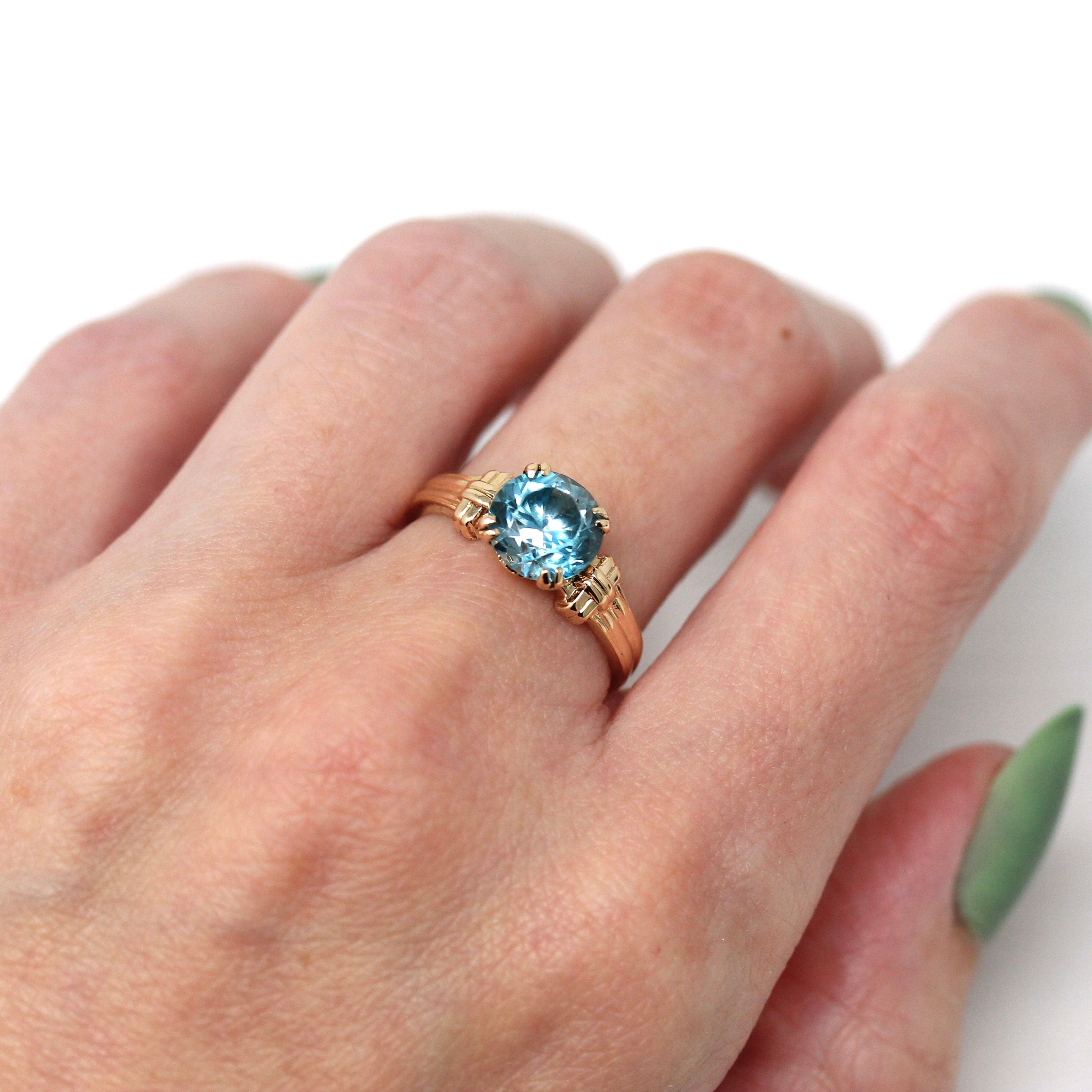 Genuine Blue Zircon Ring - Retro 14k Rosy Yellow Gold Round Blue 3.09 CT Gemstone - Vintage Circa 1940s Size 7 1/4 Solitaire Fine Jewelry