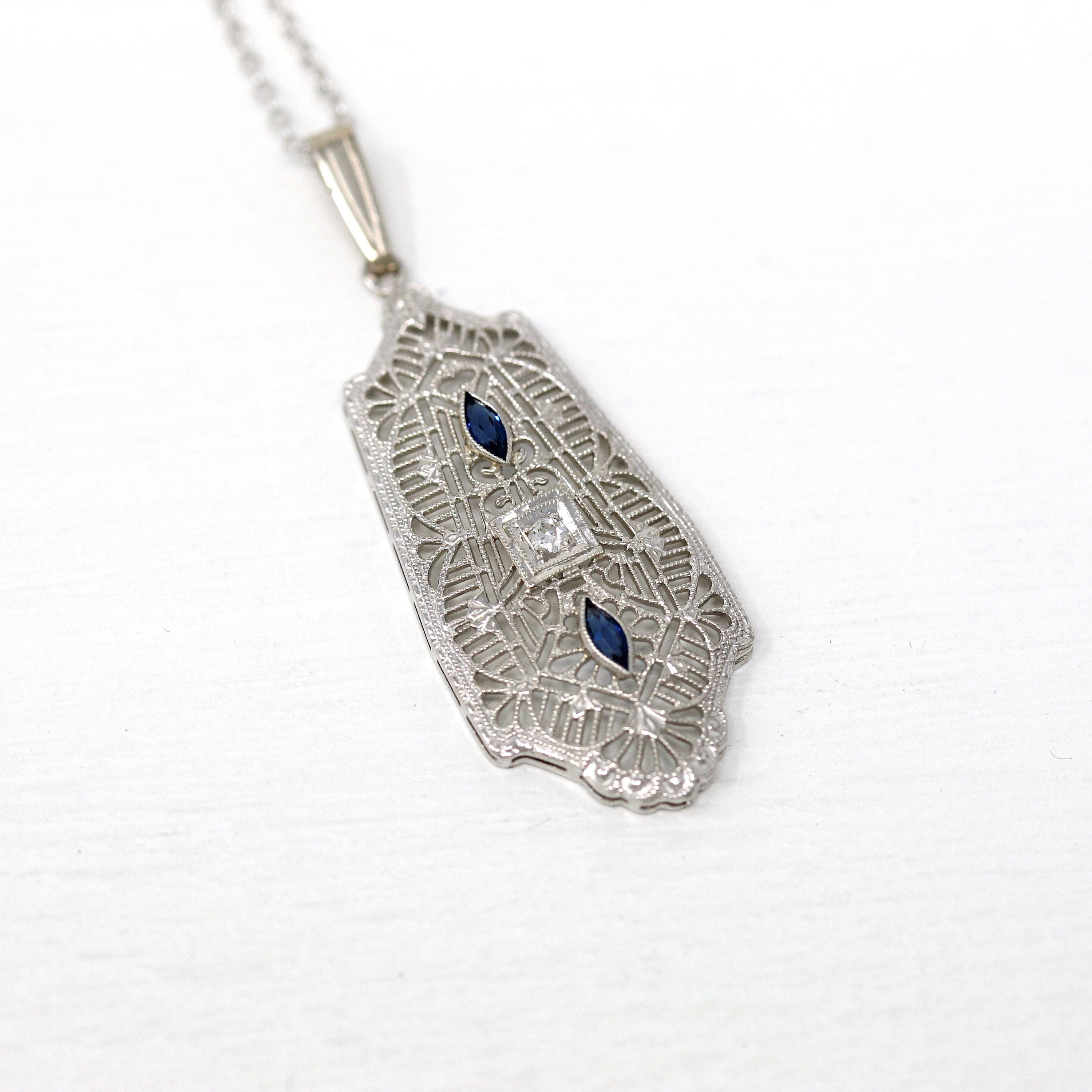 Art Deco Necklace - Antique 10k White Gold Genuine Diamond Filigree Simulated Sapphire Pendant - Vintage 1930s Era Adjustable Fine Jewelry