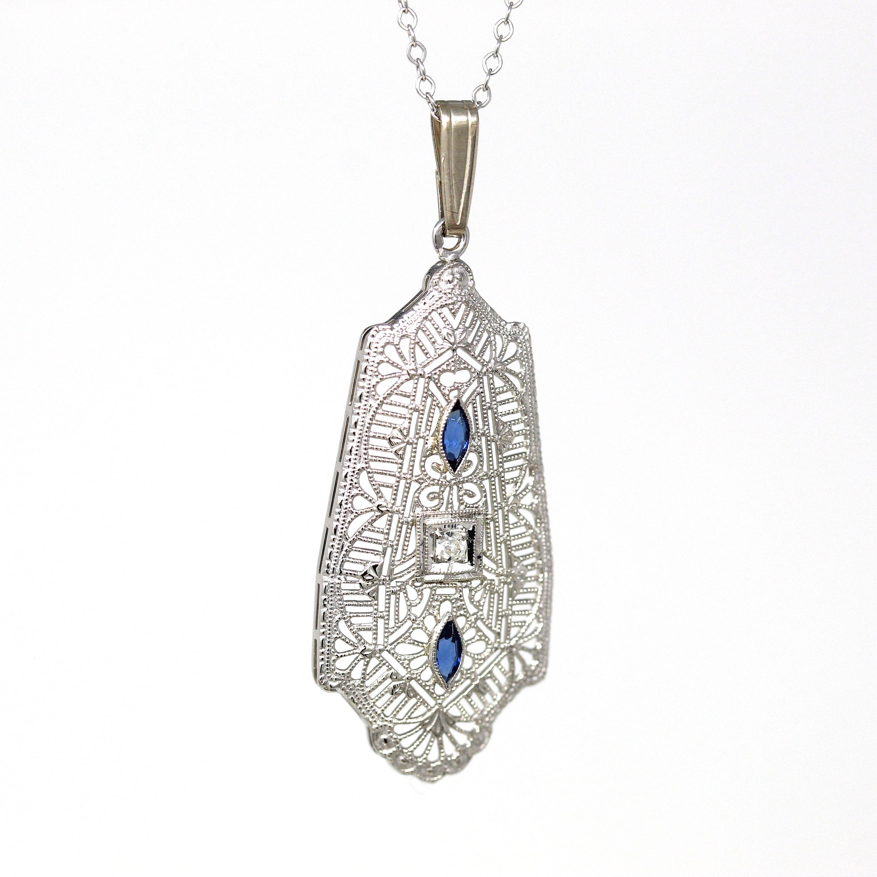 Art Deco Necklace - Antique 10k White Gold Genuine Diamond Filigree Simulated Sapphire Pendant - Vintage 1930s Era Adjustable Fine Jewelry