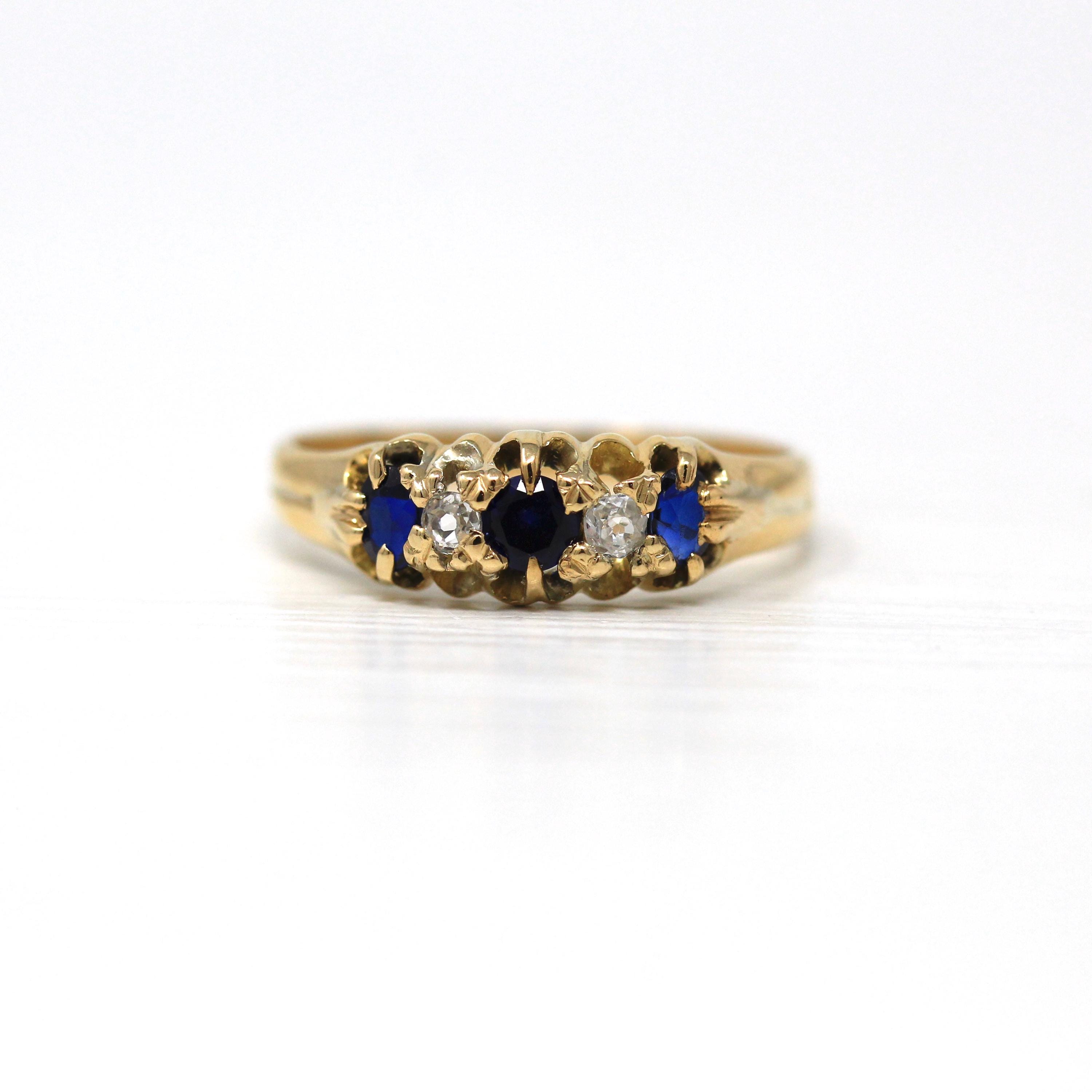 Antique Diamond Band - Edwardian 18 Ct Yellow Gold Created Sapphire Ring - Vintage Circa 1910s Era Size 6 1/2 September Birthstone Jewelry