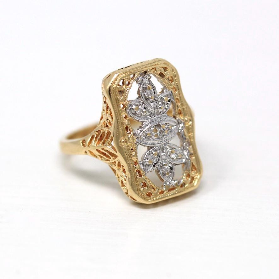 Vintage Shield Ring - Retro 14k Yellow & White Gold .035 CTW Diamond Gem - Vintage Circa 1940s Size 3 1/2 Statement Flower Filigree Jewelry